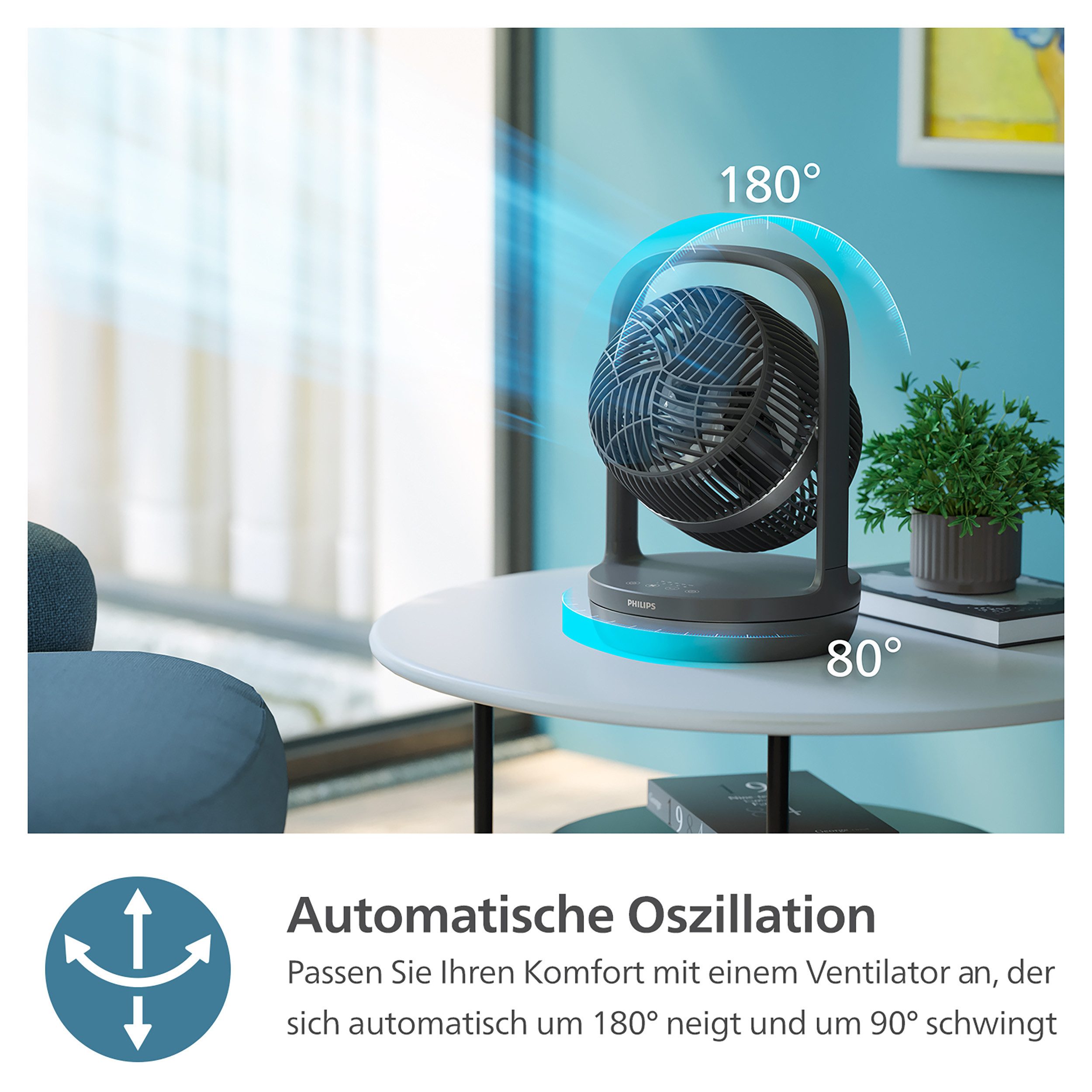 Philips Tischventilator CX3050/01 Serie 3000, mit extrem leiser SilentWings-Technologie, 19 dB, mit 180°-Neigung, 12-Stunden-Timer, für Schlafzimmer, Haus & Büro