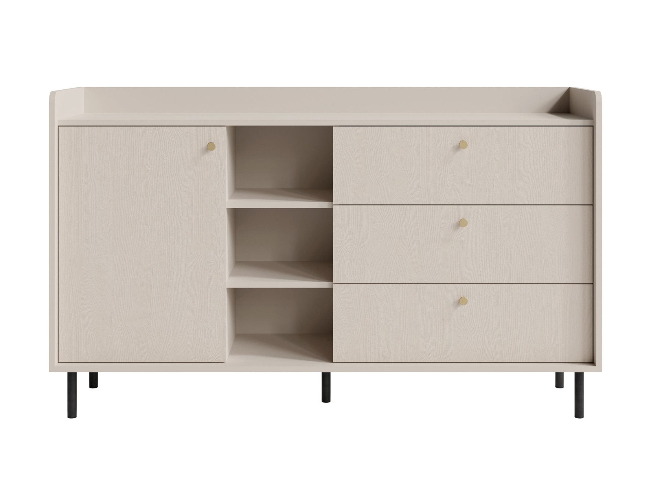 Beautysofa Kommode Gloria Sandbeige mit 1 Tür, 3 Schubladen und Offene Regale (Goldgriffe & Skandinavischem Design), Breite: 150 cm