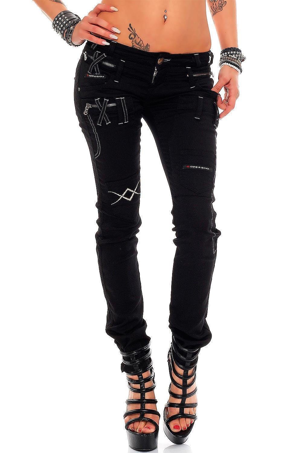 Cipo & Baxx Slim-fit-Jeans Damen Slim Fit Hose Denim BA-WD228 mit Zippern und Tribal Effekten