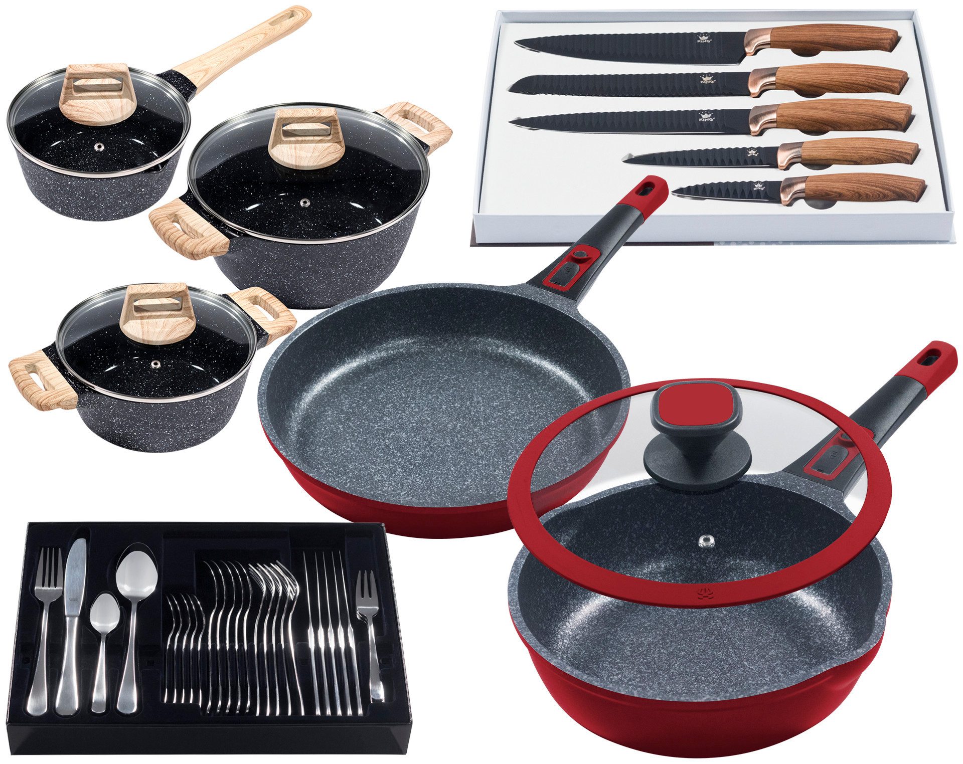 KING Pfannen-Set Moonscape, Aluminiumguss (Set, 11-tlg), Induktion, (Töpfe+Glasdeckel, Pfannen+Deckel,Messer,Besteckset)