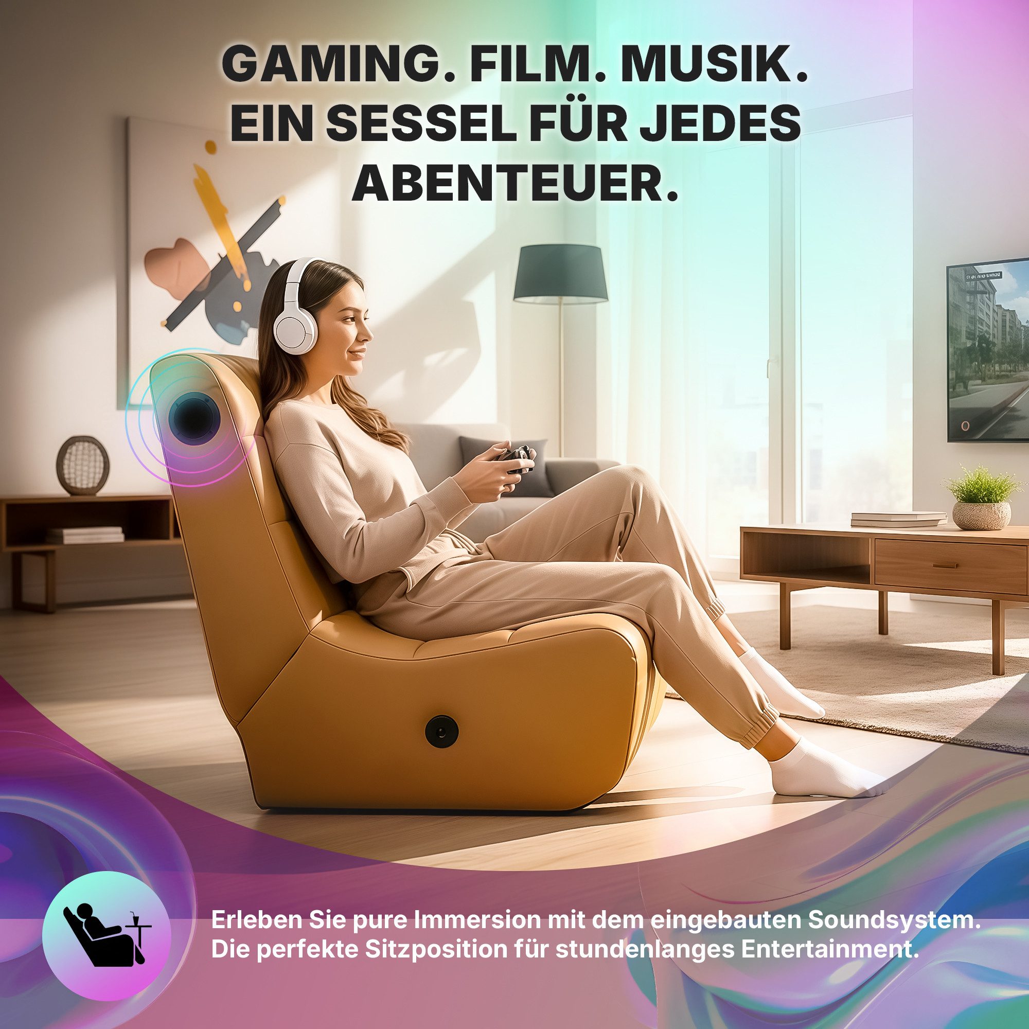 Allyson Relaxsessel Fernsehsessel Wohnzimmer – Bequemer Lounge & Ruhesessel mit Bluetooth, Bluetooth-Lautsprecher, USB-Ladefunktion, klappbar, inkl. Kissen.