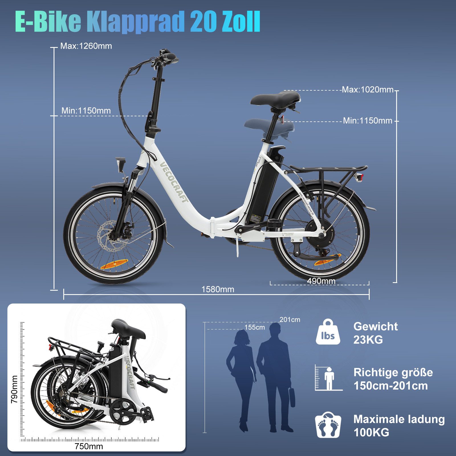 VECOCRAFT E-Bike Faltrad 36V 13Ah Elektrofahrrad,20’’ Pedelec max.100km,klappbar, E-PAX, 7 Gang Shimano, Kettenschaltung, Heckmotor, 468 Wh, E-Citybike,Cityrad  – Bild 5 von 5