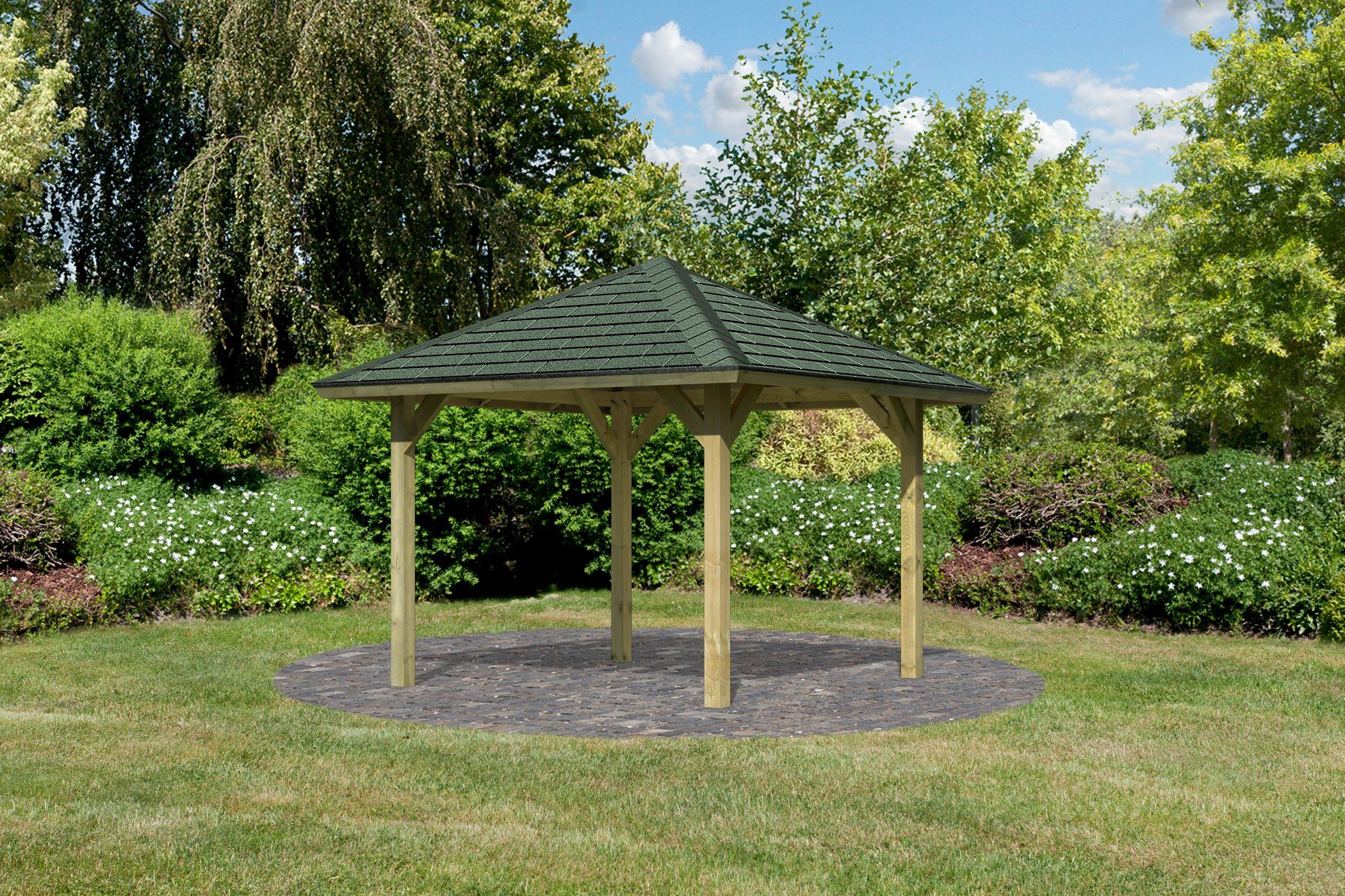 Karibu Pavillon Bergen 1, (Set), BxTxH: 338x338x290 cm, mit grünen Dachschindeln