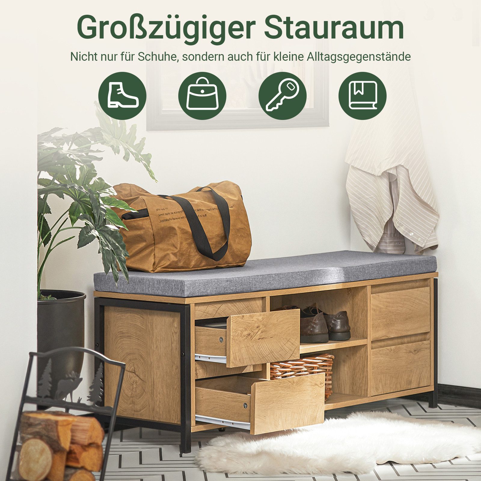 SoBuy Schuhbank FSR149, Schuhbank Sitzbank Schuhtruhe, Sitzkommode mit 4 Schubladen, Schuhregal Dielenbank mit Sitzfläche und Stauraum, 2 offene Fächer