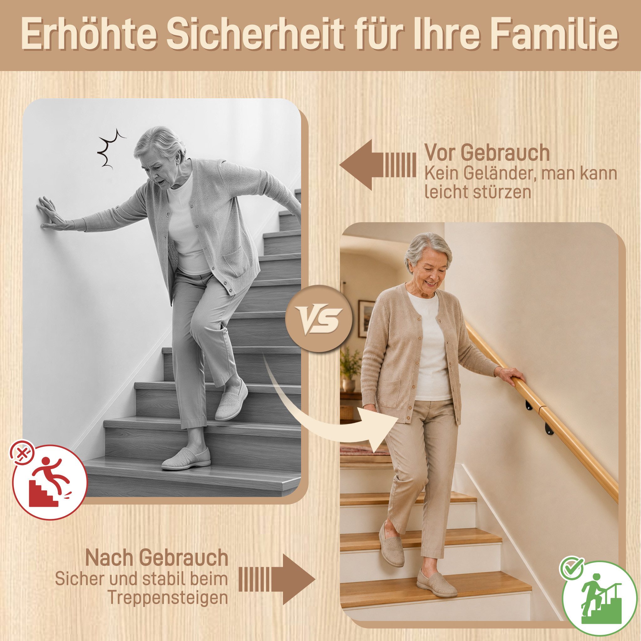 FIVMEN Handlauf Holzhandlauf aus Buchenholz Wandhandlauf Treppenhandlauf, Wandmontiert, inkl. Halterungen und Schrauben für Innen