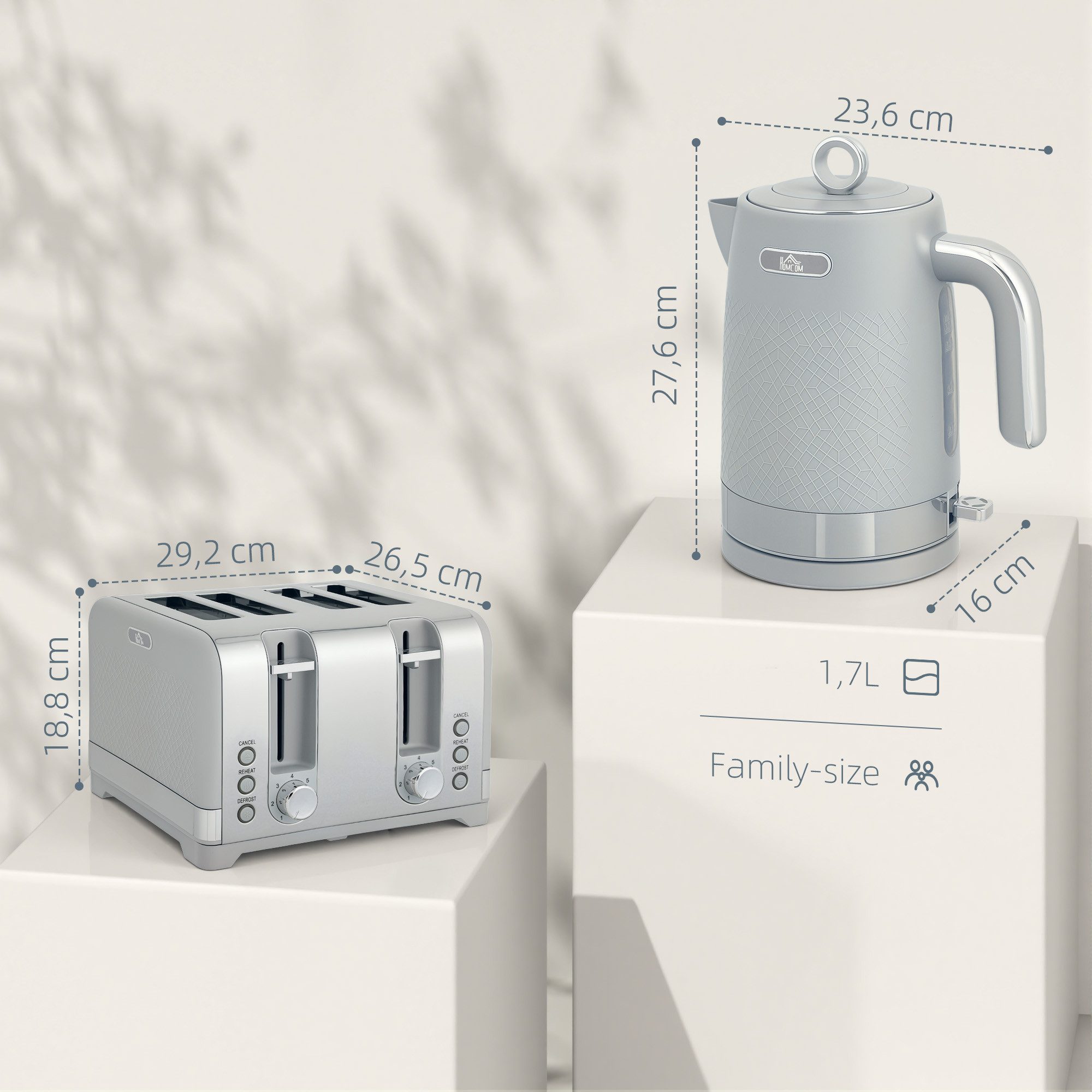 HOMCOM Frühstücks-Set 2200W Schnell, Kalkfilter, 7 Bräunungsstufen, Krümelfach, Grau (2-tlg), 4-Scheiben-Toaster, 1,7L Wasserkocher