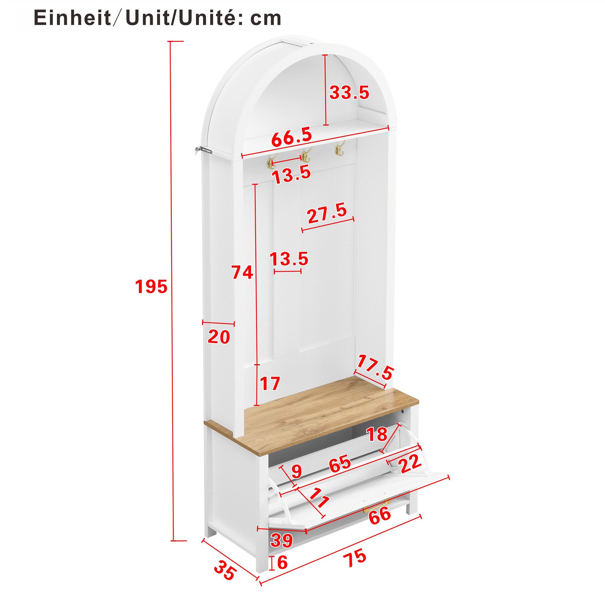 Yorbay Garderobe mit Schuhschrank & Hakenleiste, Moderner Hall Tree für den Flur (195 x 75 x 35 cm), Kompakter Garderobenschrank mit Ablage