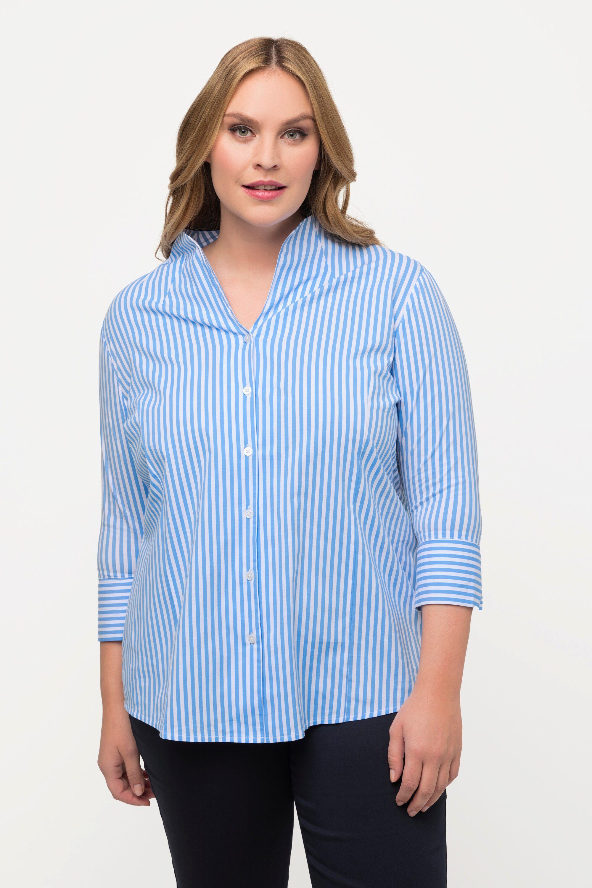 Ulla Popken Longbluse Bluse Streifen Kelchkragen 3/4-Arm hellblau