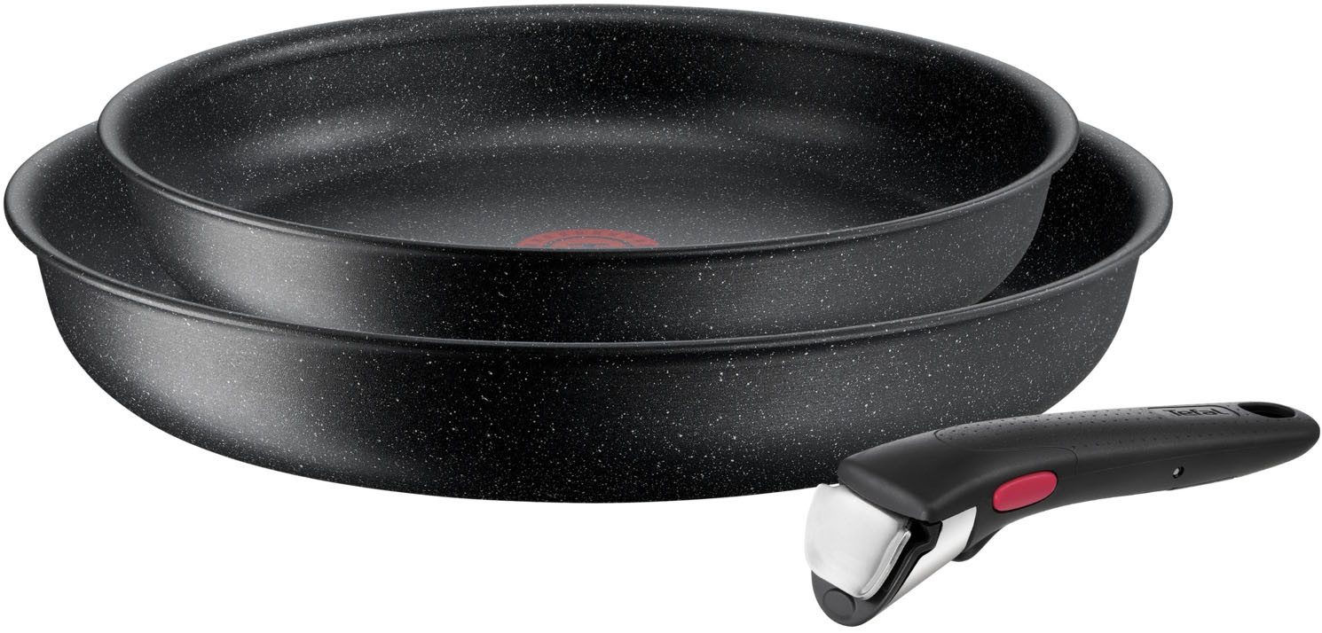 Tefal Pfannen-Set Ingenio Black Stone, Pfannenset abnehmbarer Griff, antihaftversiegelt, Aluminium (Set, 3-tlg., 2x Pfannen Ø 24/28 cm, 1x abnehmbarer Griff, Made in France), stapelbar, platzsparend, einfache Reinigung, Induktion, L39990