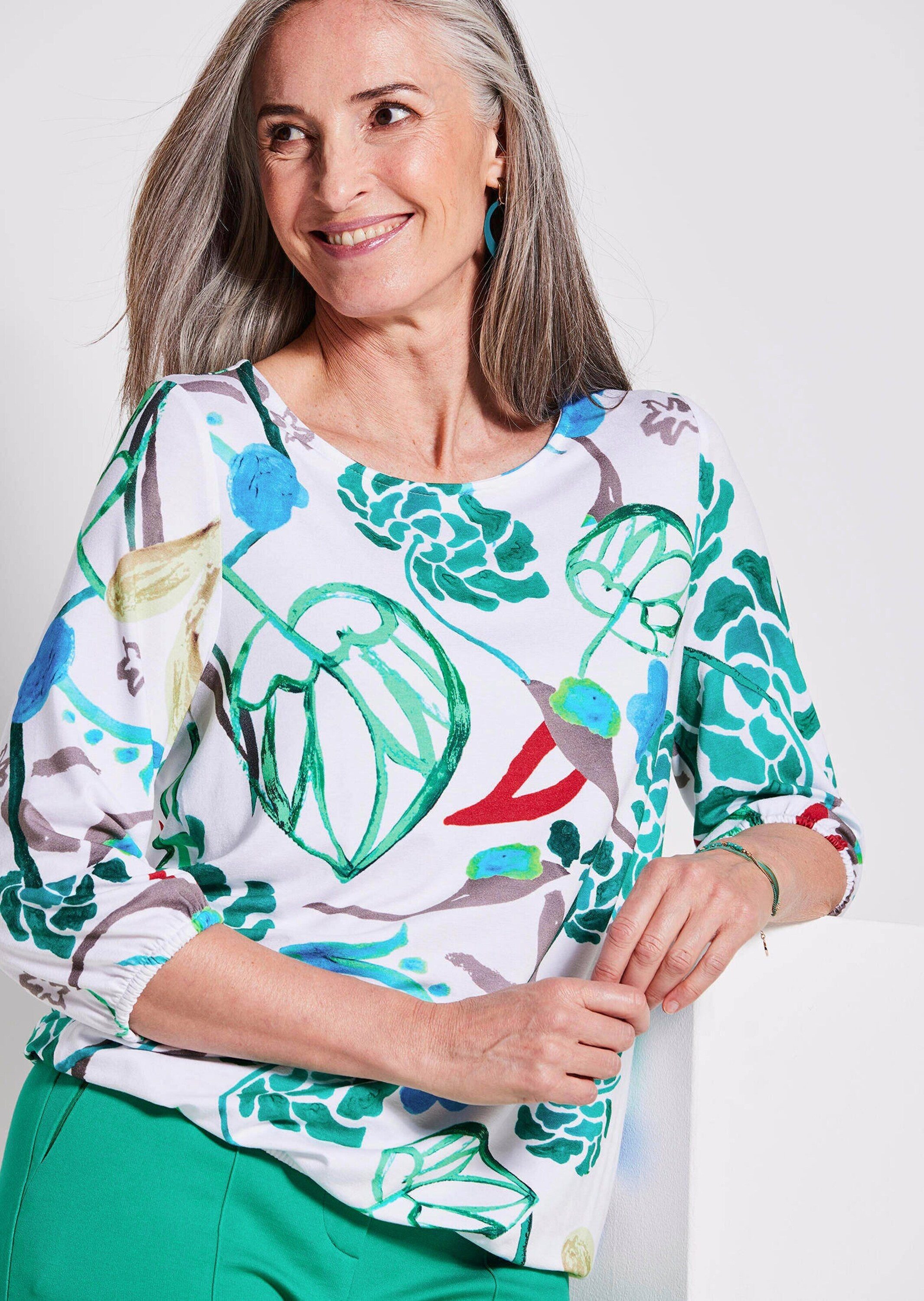 GOLDNER T-Shirt Viskoseshirt mit Allover-Druck Druckshirt mit U-Boot-Ausschnitt, Gummibündchen und 3/4-Arm