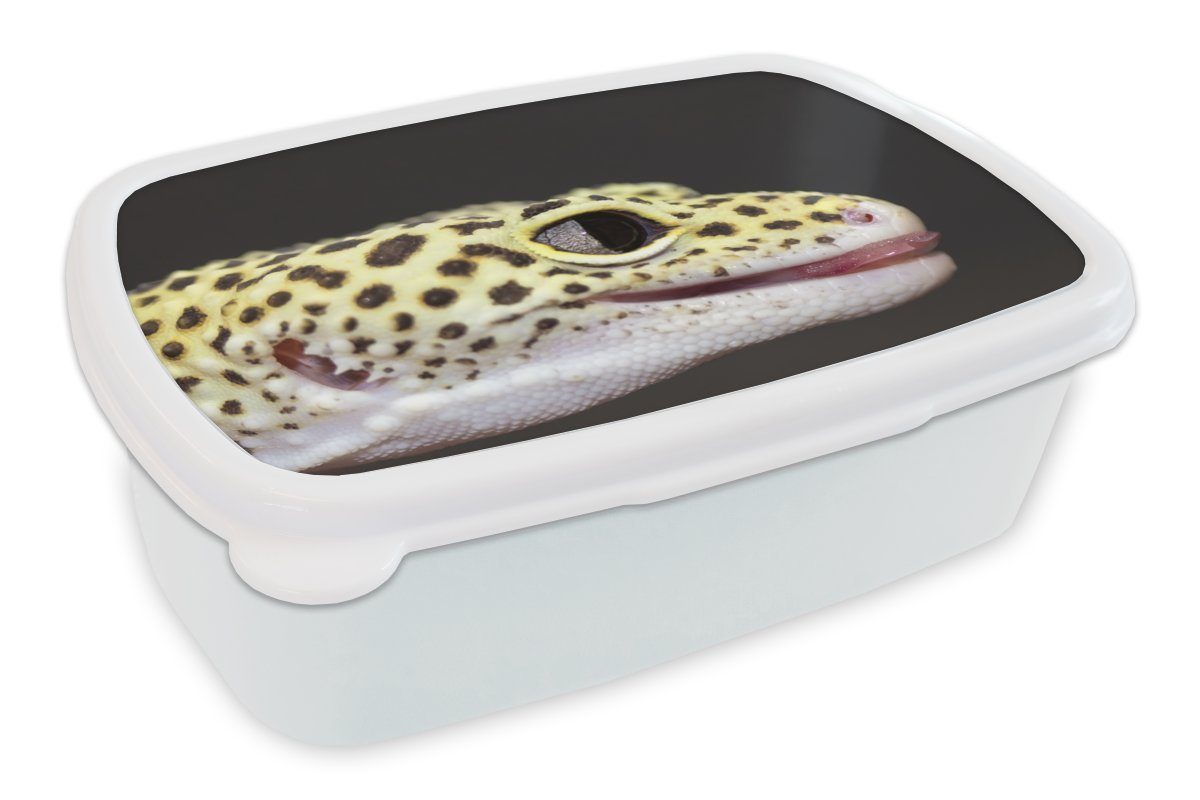 MuchoWow Lunchbox Nahaufnahme Leopardgecko, Kunststoff, (2-tlg), Brotbox für Kinder und Erwachsene, Brotdose, für Jungs und Mädchen weiß