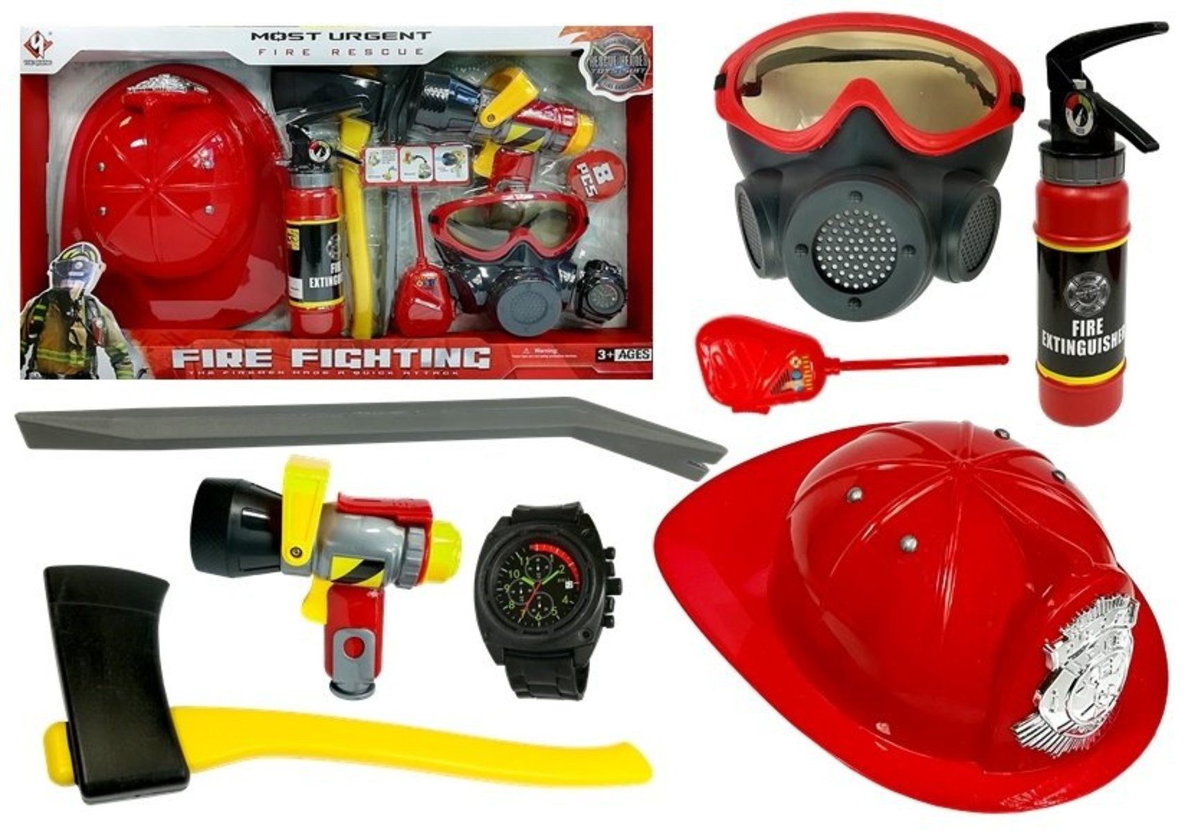 Wisam Spielzeug-Feuerwehr Feuerwehrmann Kit Helm Feuerlöscher Beil Maske Brecheisen