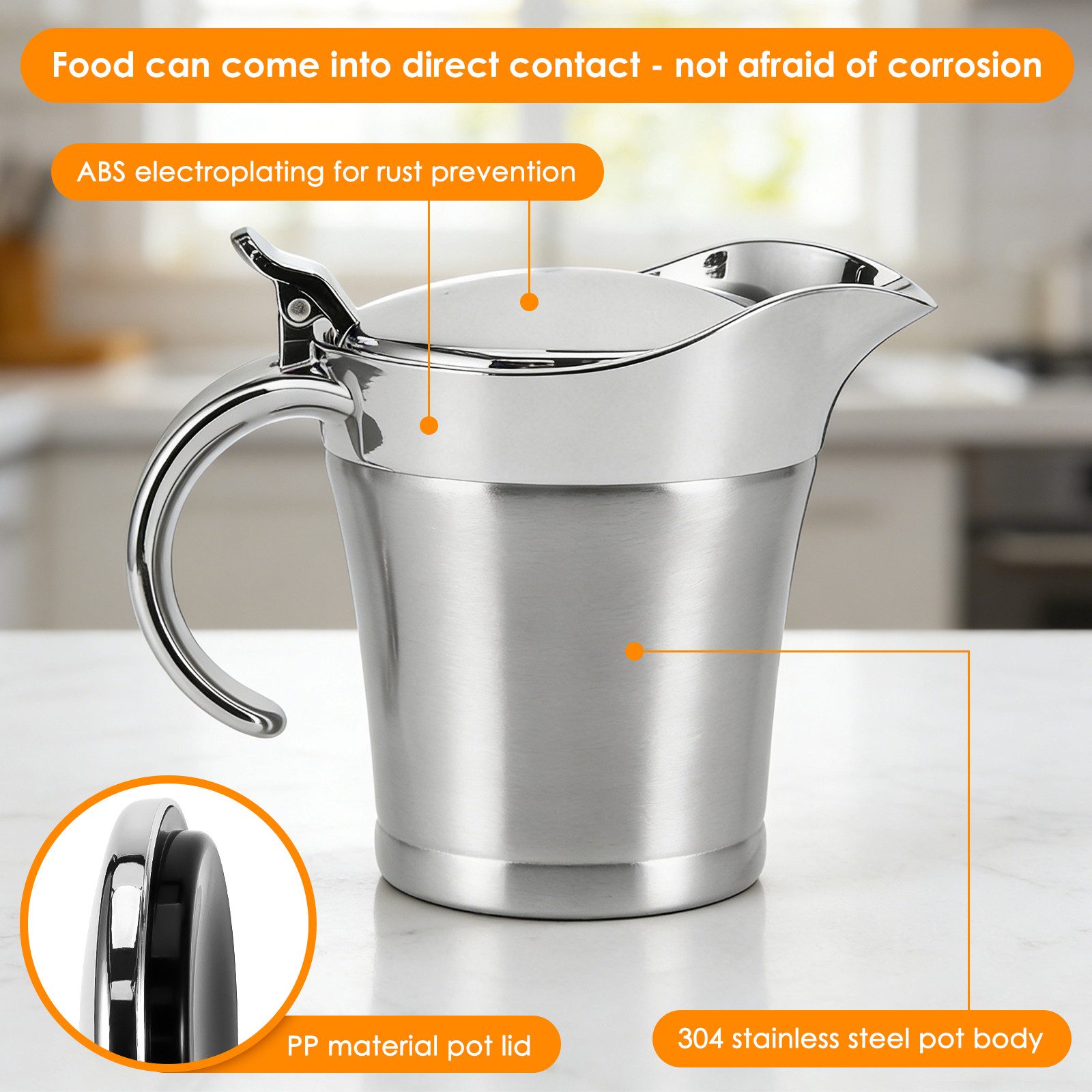 BlingBin Sauciere 500ml Thermo-Sauciere mit Klappdeckel, Soßenspender Doppelwandig, Korpus aus Edelstahl 304 + Deckel aus PP, ABS-galvanisiert, (1er Set, 1-tlg), Saucenbecher für Vanillesoße Soße Sahne Mayonnaise Milch, Silber