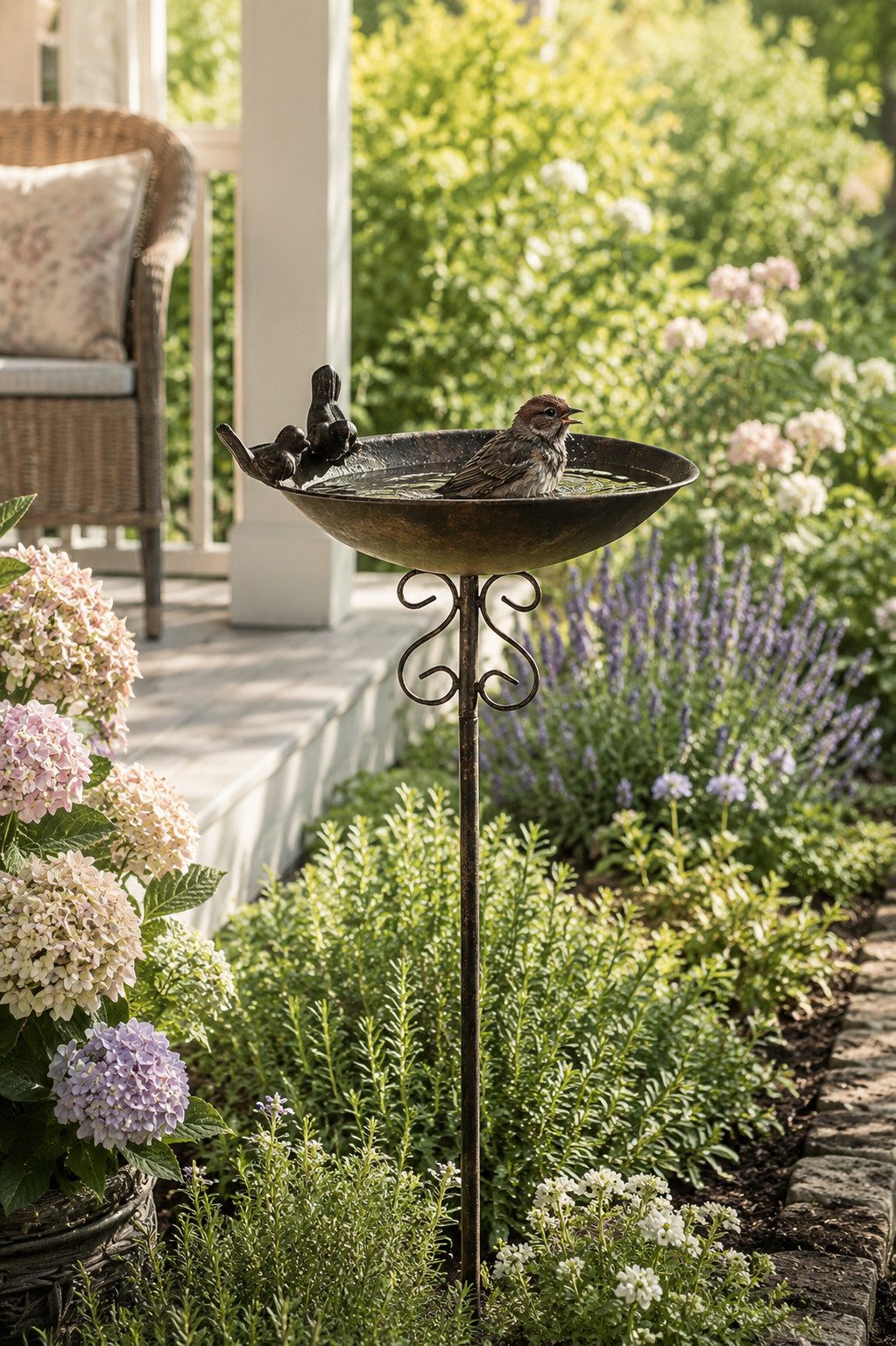 finehomegarden Vogeltränke Vogelbad auf Stab Metall braun 24x22cm H10cm + Stab Futterstelle, Wasserstelle Gartendekoration für Wildvögel
