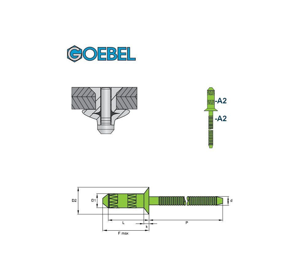 GOEBEL GmbH Blindniete 7240048120, St., 4,8x12,0mm, Blindniete / II (500x Edelstahl Nietdorn), mit Senkkopf gerilltem A2-V2A Hochfeste A2-V2A – GO-INOX Niete Edelstahl 500