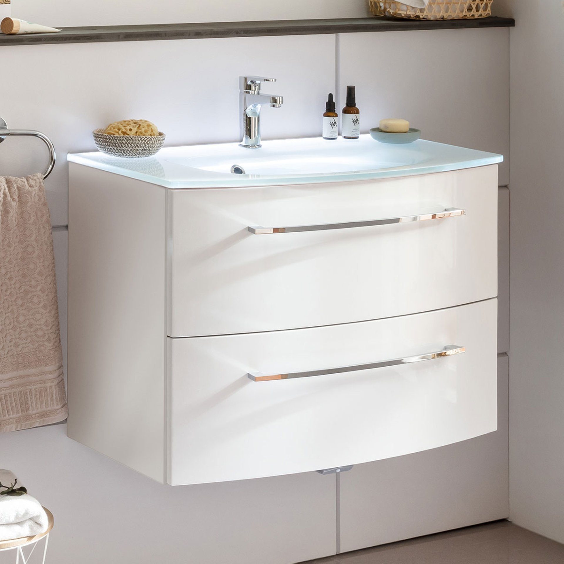 FACKELMANN Badmöbel-Set VERONA Badmöbel Set 2-teilig 80 cm breit, Weiß Hochglanz, Glas