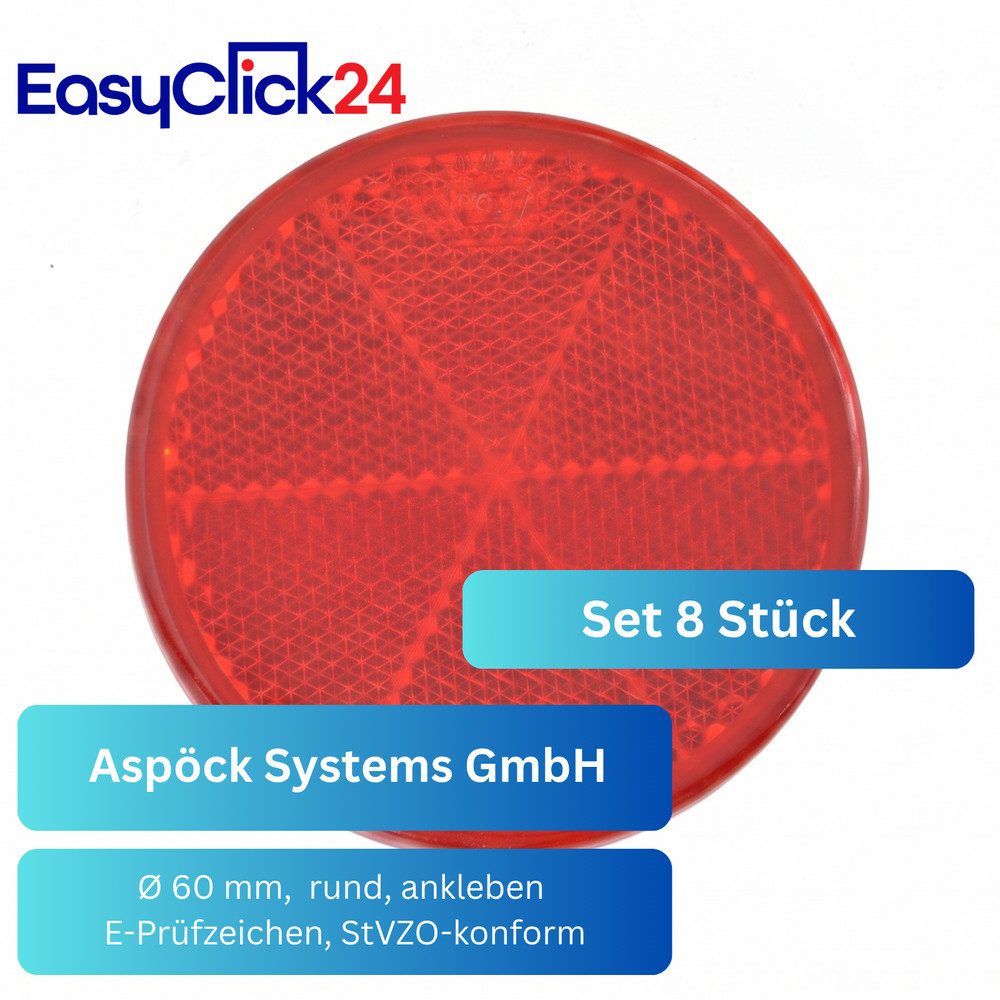 Aspöck Anhänger 8x Aspöck Rückstrahler rot Ø60mm selbstklebend E-Prüfzeichen Anhänger, E-geprüft