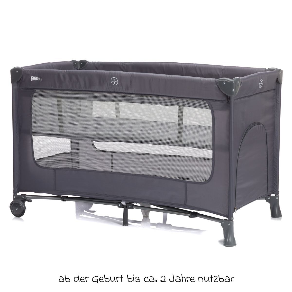 Fillikid Baby-Reisebett Capri - Dunkelgrau, Baby Kinder Reisebett mit Wickelauflage, Einstieg, Mobile & Tasche