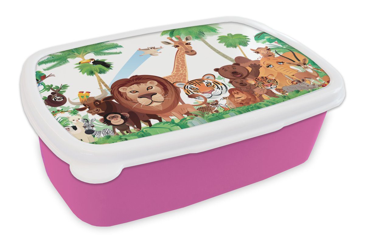 MuchoWow Lunchbox Wilde Tiere - Dschungel - Löwe - Tiger - Mädchen - Kinder - Jungen, Kunststoff, (2-tlg), Brotbox für Erwachsene, Brotdose Kinder, Snackbox, Mädchen, Kunststoff rosa