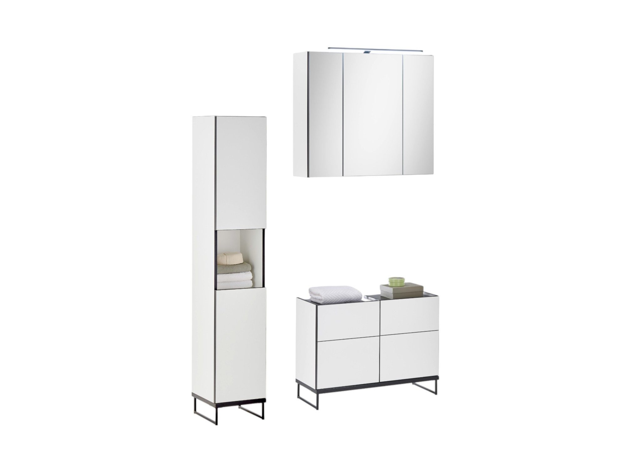 moebel-dich-auf Badmöbel-Set VENEZIA, (Set 2, 3-St., Hochschrank, Spiegelschrank, Waschbeckenunterschrank), weiß matt, Absetzung: schwarz