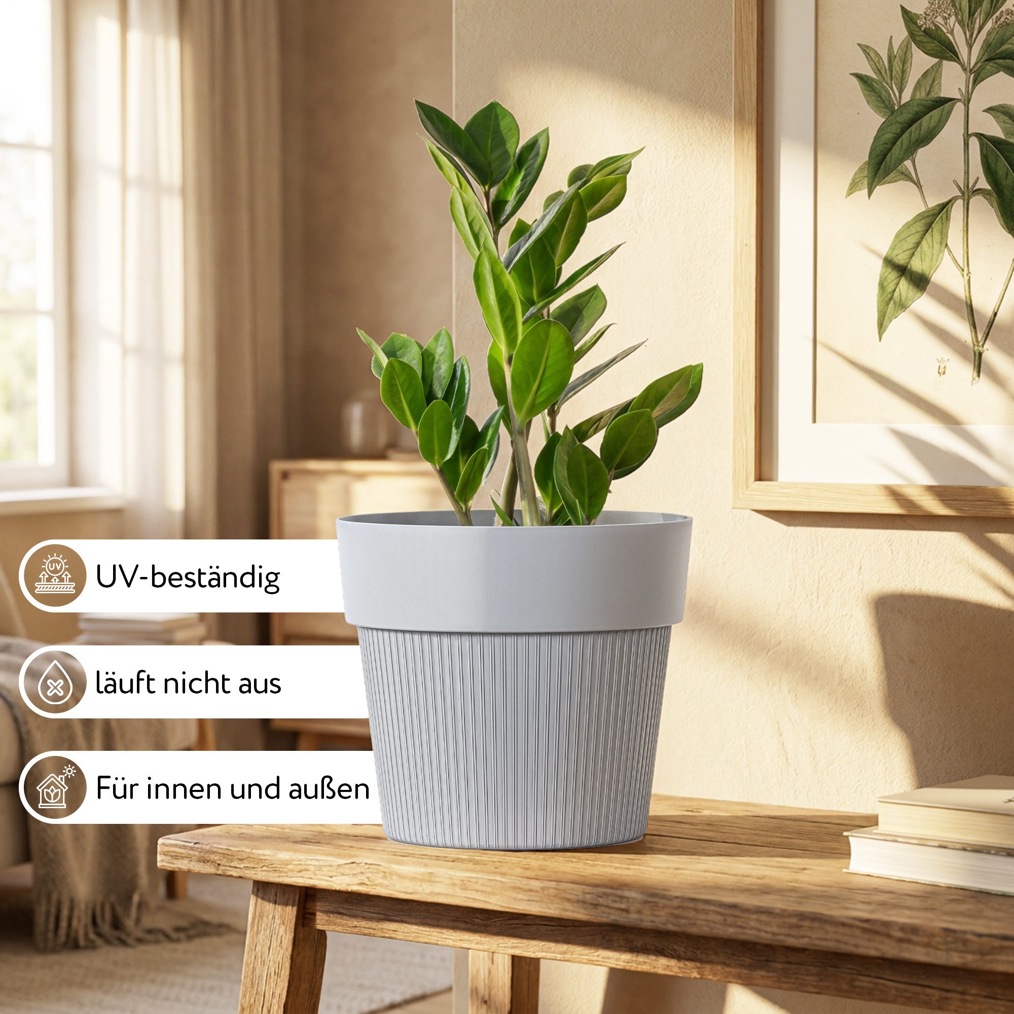 KONZEPT Übertopf 20 cm Durchmesser, 3,6 L, UV- & wetterbeständig, Matte Oberfläche, Oberer Rand & vertikale Rillenstruktur, 3,6 L