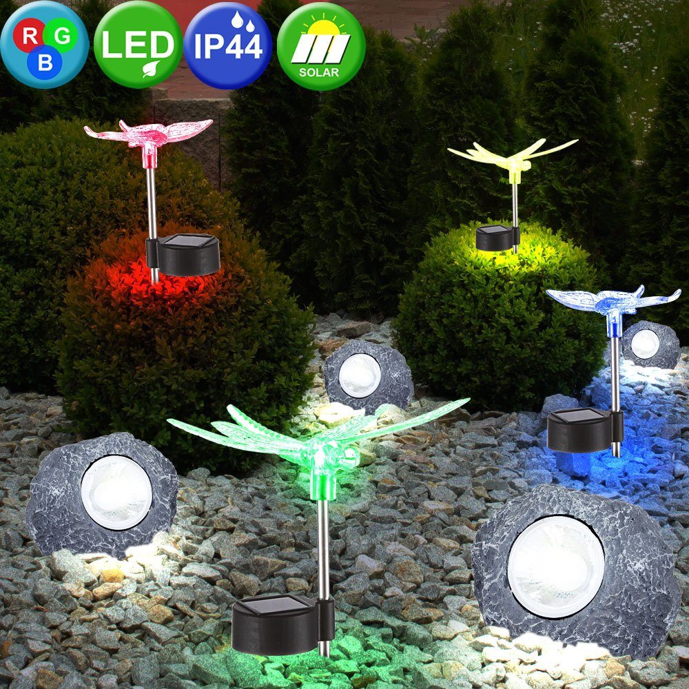 etc-shop LED Solarleuchte, LED-Leuchtmittel fest verbaut, 8er Set RGB LED Solar Leuchten Schmetterling Libellen Garten Außen | Solarleuchten