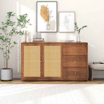 HAUSS SPLOE Sideboard Schubladenkommode, Sideboard Highboard Kommode (Kommode mit 3 Schubladen & 2 Türen, Anrichteschrank Rattan, Schrank modern Schubladenkommode mit Metallgriffe), für Schlafzimmer & Wohnräume & Büro