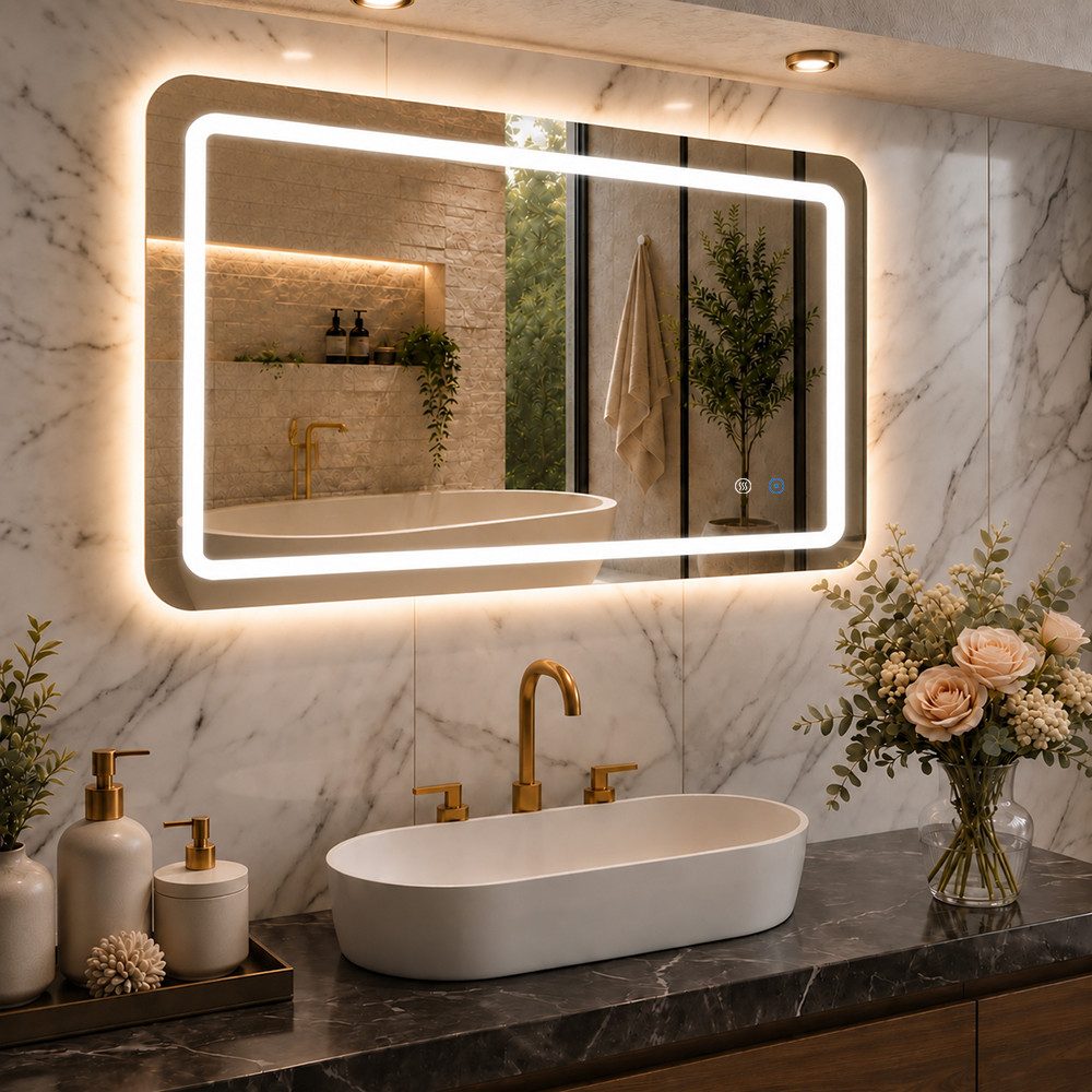 SaniteModar Badspiegel mit doppelten LED-Lichtleisten, dimmbar, Antibeschlagfunktion (1-St), LED Badezimmerspiegel mit dreifarbigem Licht, 50 × 70 cm