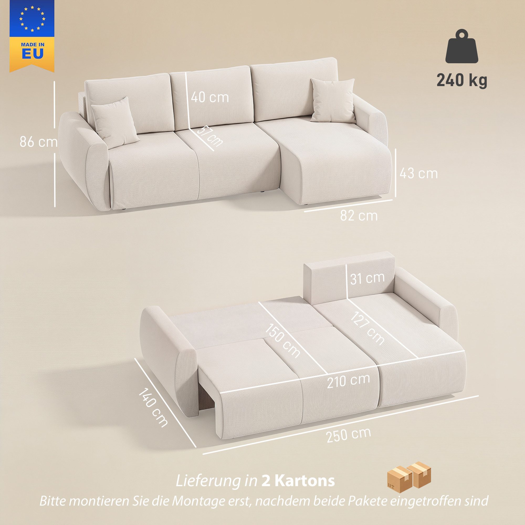 HOMCOM Schlafsofa Ecksofa L-Form mit Kissen, aus Veloursbezug Schlafcouch, 3 Sitzer Sofa 1 Teile, mit Bettfunktion, reversible Chaiselongue, Stauraum