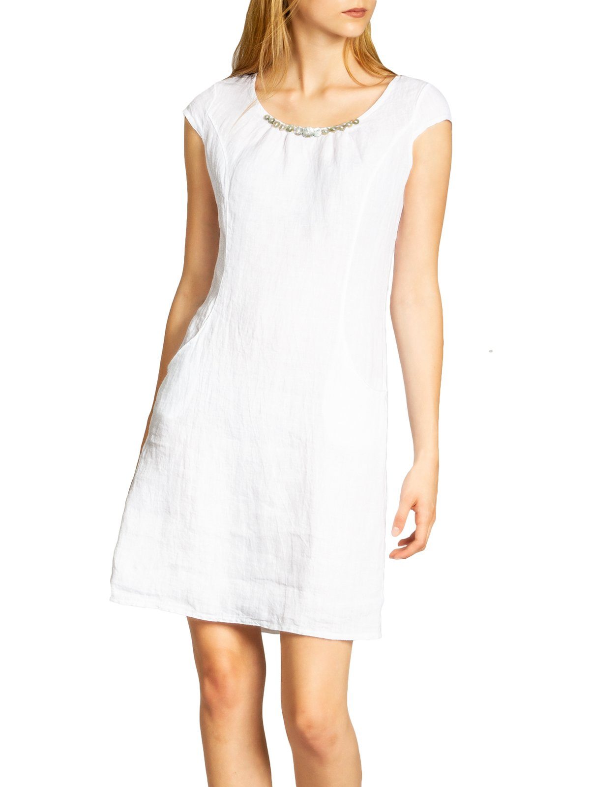 Sommerkleid SKL018 knielanges Damen Sommer Leinenkleid mit Perlmutt Knöpfe Dekor