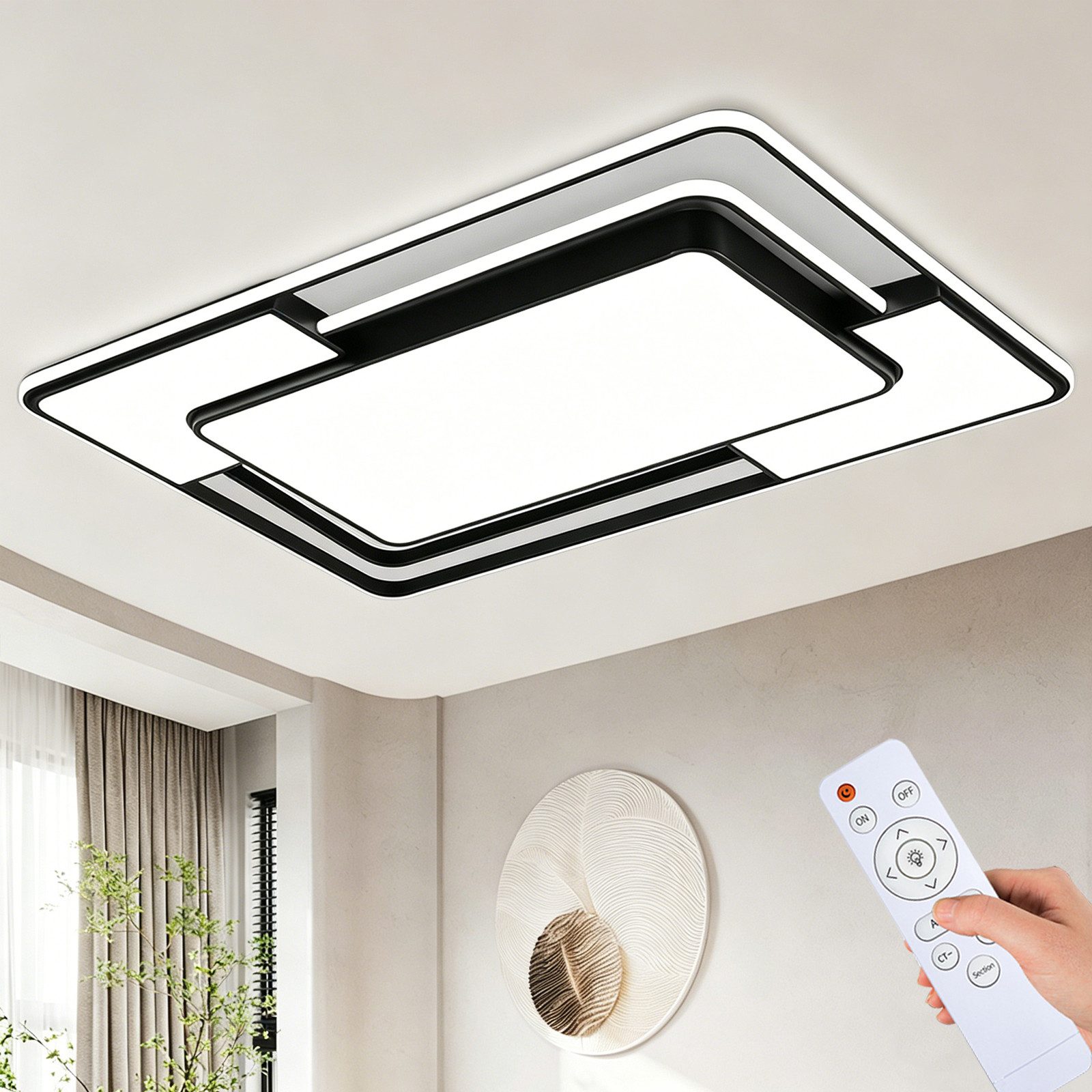 style home LED Deckenleuchte Modern Deckenlampe für Wohnzimmer Schlafzimmer Büro Küche, 150W-Dimmabr 3000-6000K, LED fest integriert, warmweiß bis kaltweiß dimmbar mit Fernbedienung, Rechteckige Lampe aus Metall, 90x60x6cm, Schwarz