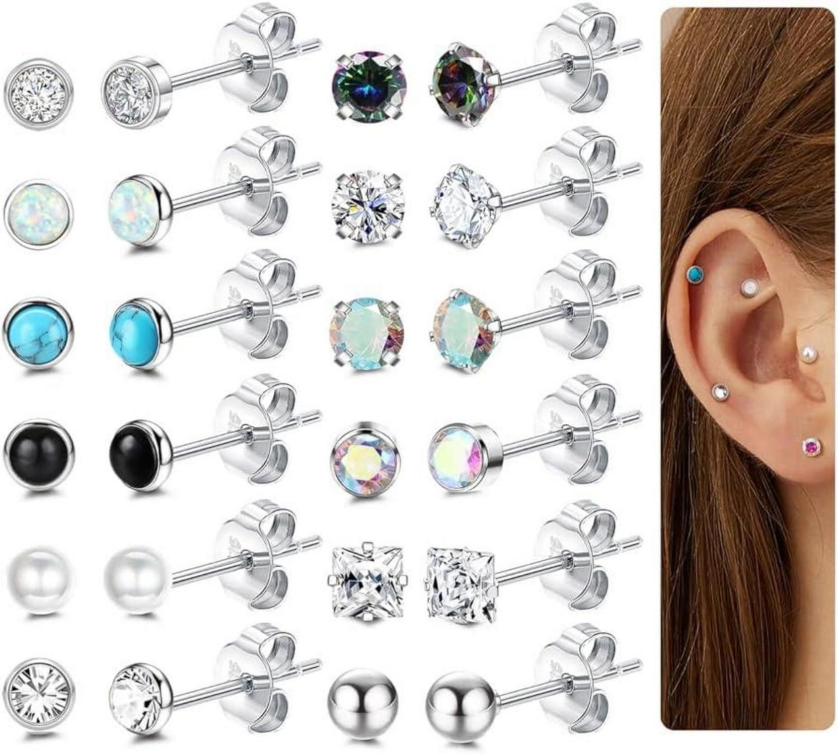 Schmuckset 12 Paar Hypoallergene Ohrringe Chirurgenstahl Zirkonia Opal Set