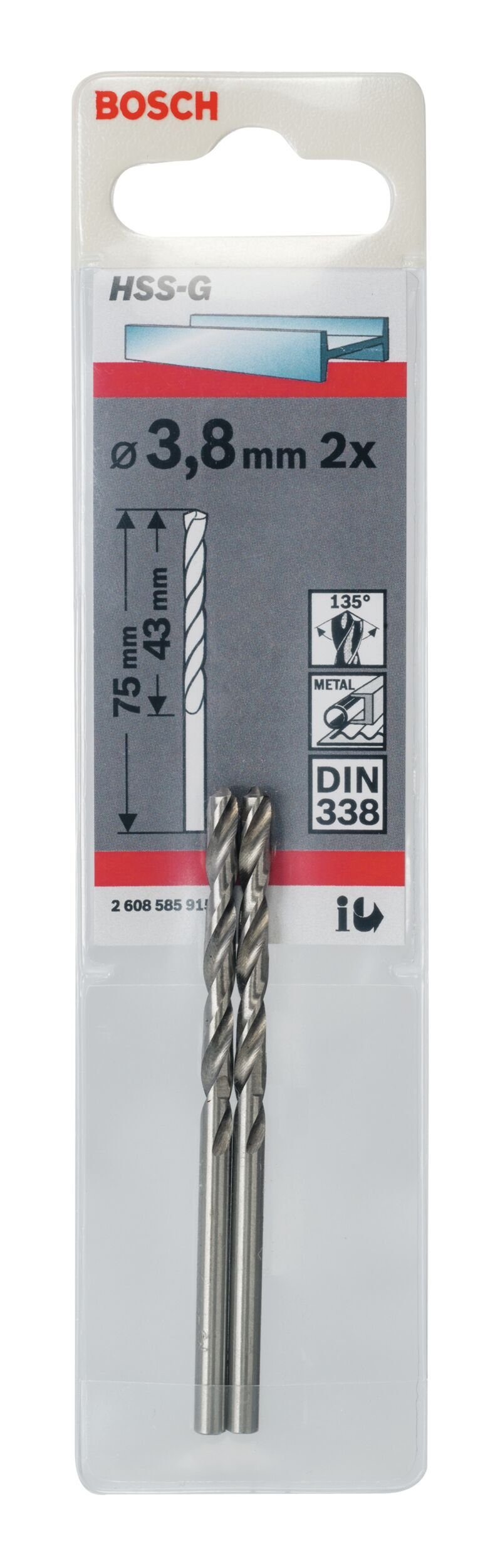 BOSCH x (DIN (2 mm HSS-G 43 - 338) Metallbohrer, 75 2er-Pack - 3,8 x Stück),