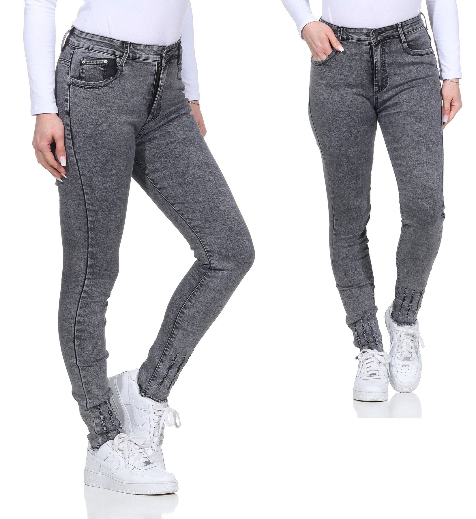 Aurela Damenmode 5-Pocket-Jeans Jeanshosen für Look Grau Stretch Damen Look Distressed Jeans moderner Destroyed