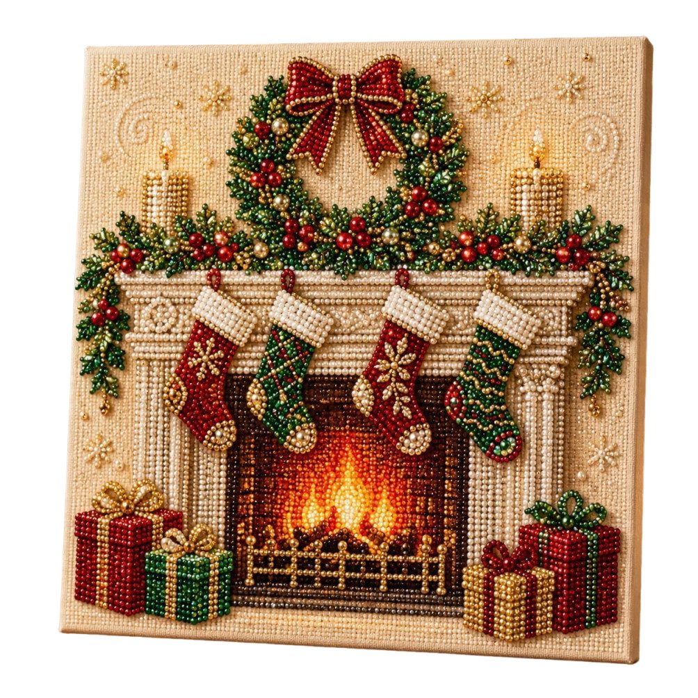 Bomiclss Kreativset Pearl Diamond Art Kit Kamin Weihnachten, gerahmt 20x20 cm, DIY Bastelset Feiertags-Thema, Perlen-Diamanten