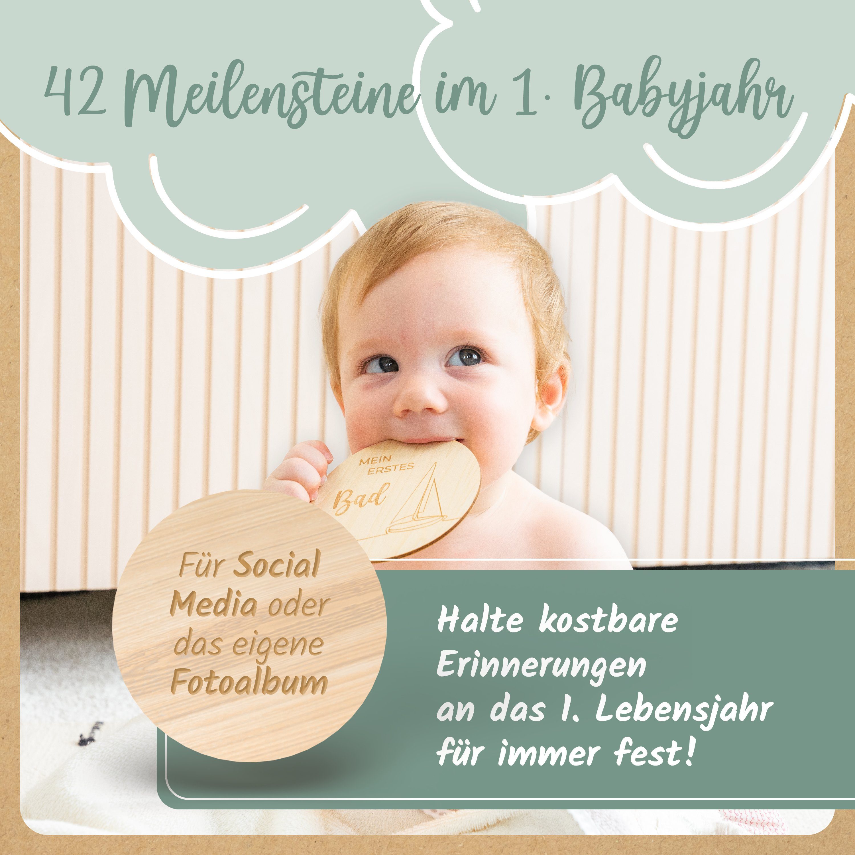Amari Geschenkbox 42 Meilensteinkarten Baby aus Holz inkl. Aufbewahrungssäckchen, Geschenk zur Geburt, Meilensteine Geschenkset, Lasergravur