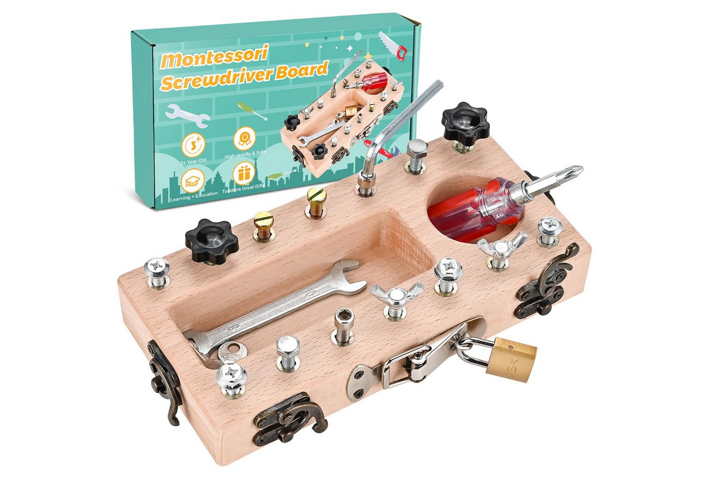 Flintry Lernspielzeug Montessori Spielzeug Holz Schraubbrett, Busy Board Holzspielzeug, Schraubendreher Brett, Lernspielzeug,Kinderspielzeug, Motorikspielzeug