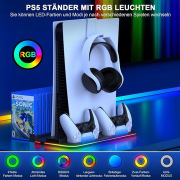 Zeitlosigkeit PS5/PS5 slim Stander mit 3-Stufig Lufter/Ladestation/RGB Licht PlayStation 5-Controller (Playstation 5 Standfuß für PS5 Slim Disc & Digital Konsole)
