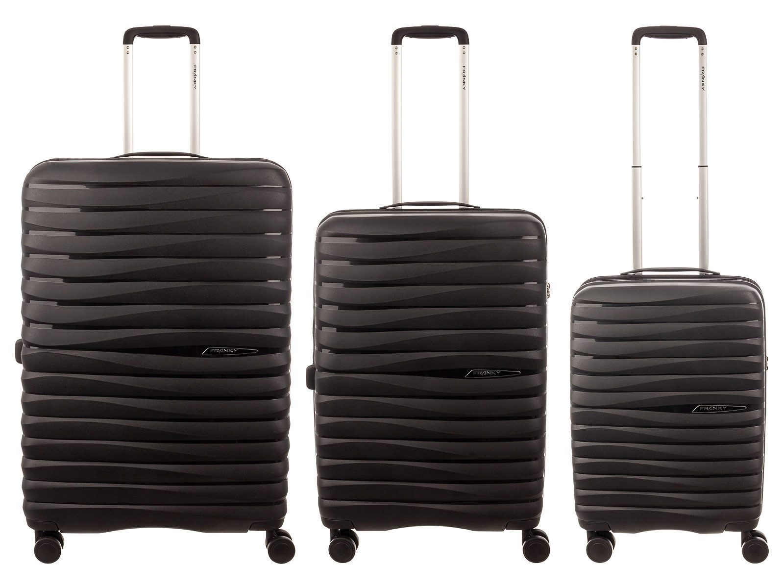 Franky Kofferset PP18 Trolley Hartschalenkoffer 3er SET Spinner Gr. L/M/S, 4 Doppelrollen Rollen, (Stück, 1 tlg., 3), Dehnfalte TSA Schloss