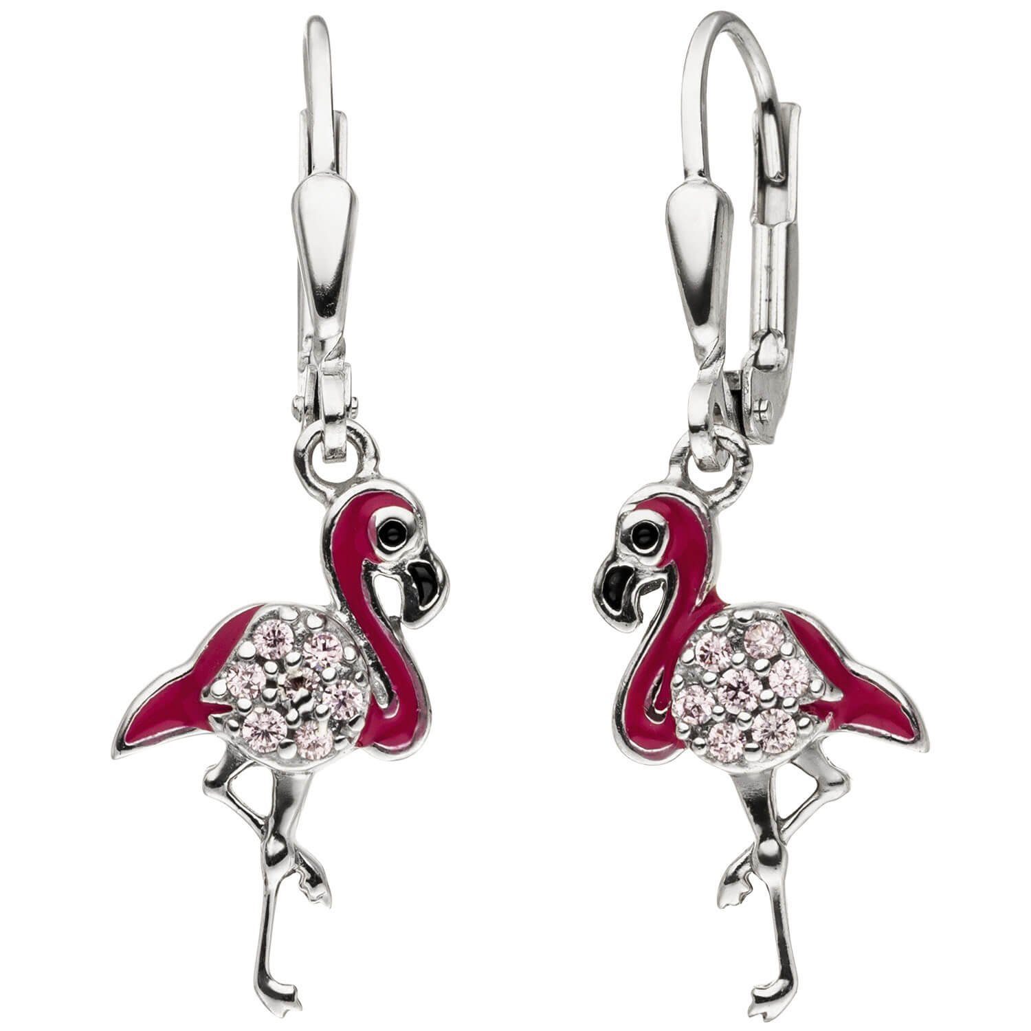 Schmuck Krone Paar Ohrhänger Kinder-Boutons Ohrhänger, Flamingo mit rosa Zirkonia, Lackeinlagen, 925 Silber, Silber 925