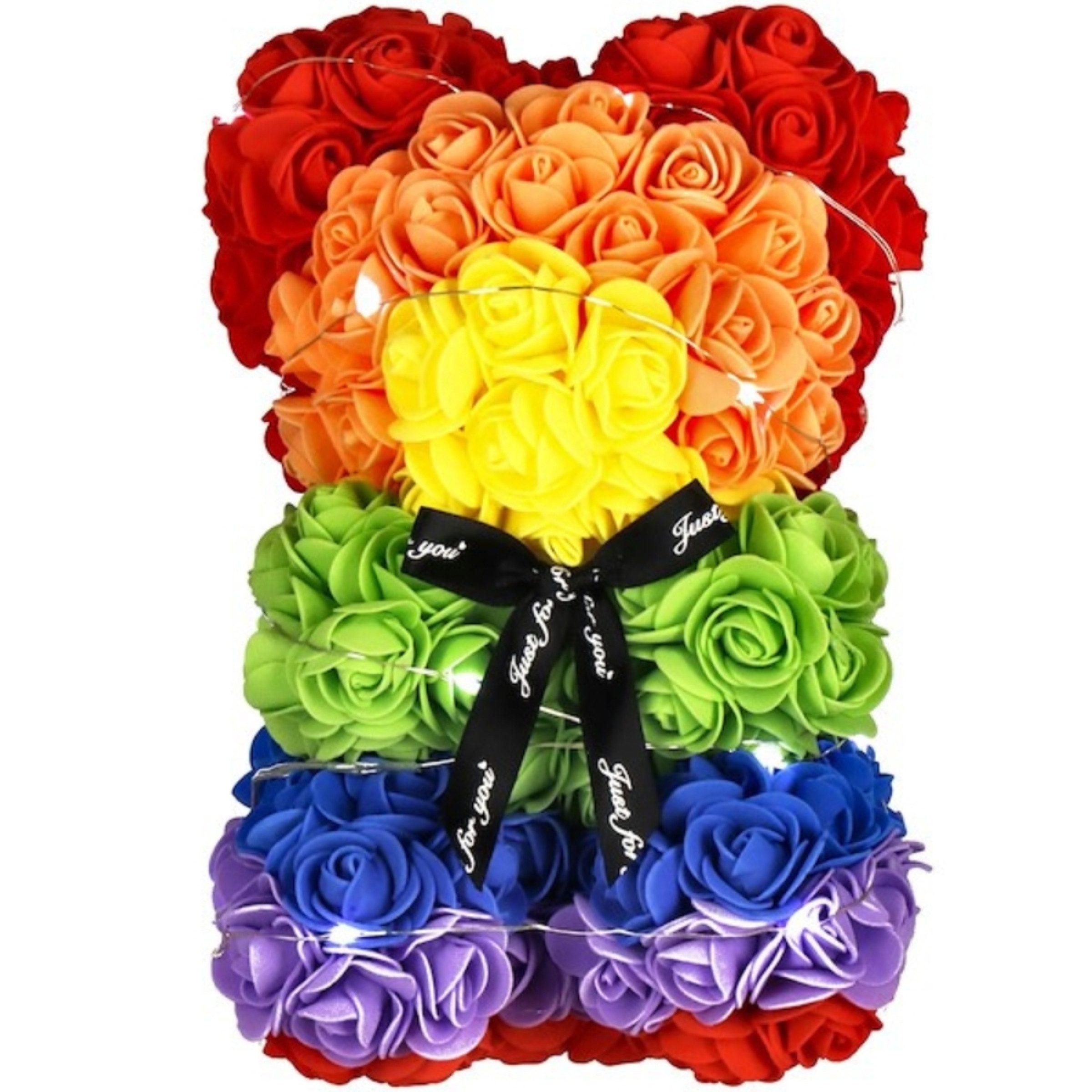 AMORE MIO LED Dekoobjekt Rosenbär 25 cm LED Regenbogen Geschenkbox Valentinstag Teddy, LED fest integriert, LED Regenbogen Rosenoptik dekorativ Geschenkfertig Teddy Figur