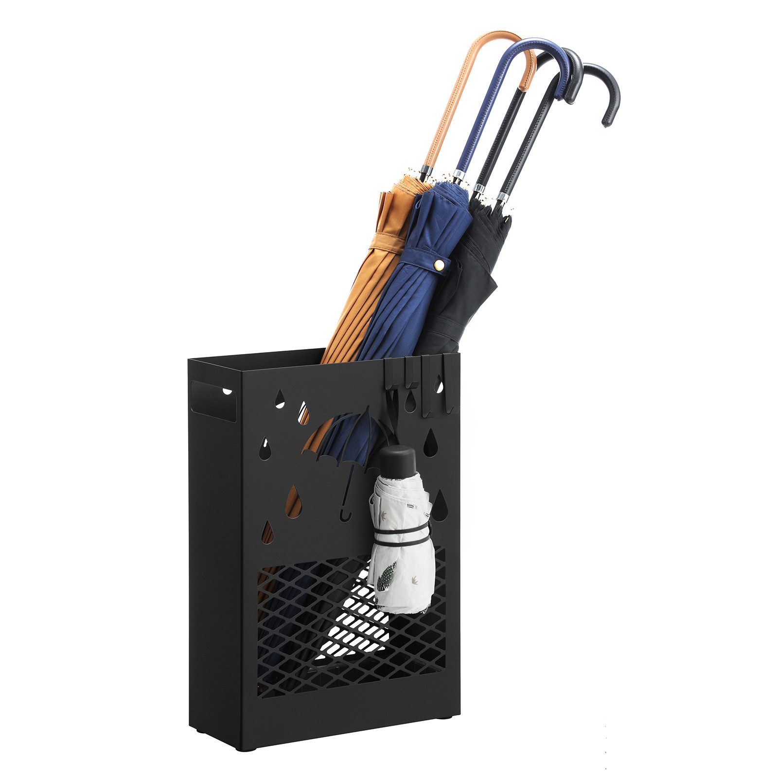SONGMICS Schirmständer, Regenschirmständer aus Metall, herausnehmbare Tropfschale, 4 Haken
