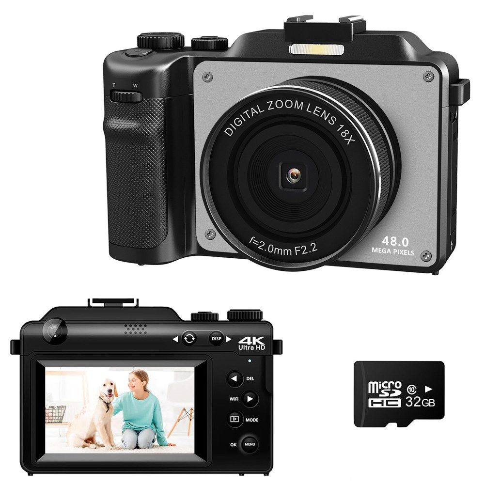 HT 4K Digitalkameras mit Front- und Rückobjektiv Kompaktkamera (48 MP, Fotokamera für Mädchen und Damen)