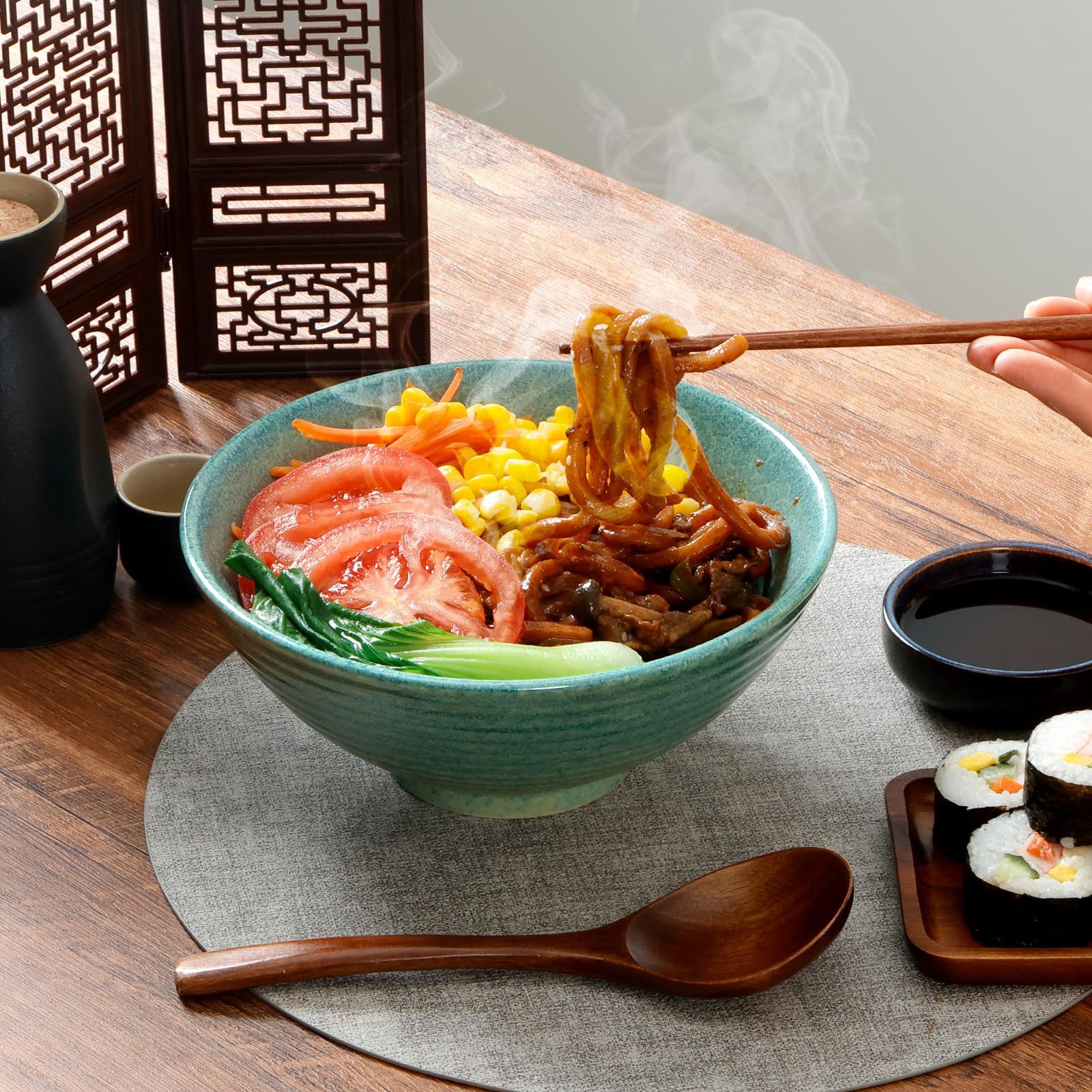 FOUORTUNATE-BEE Schüssel 2er Set Japanische Ramenschüssel Suppenschüssel aus Keramik, (1200 ml, mit Essstäbchen und Löffeln, große Suppenschüsseln 20 cm, 2-tlg) – Bild 4 von 5