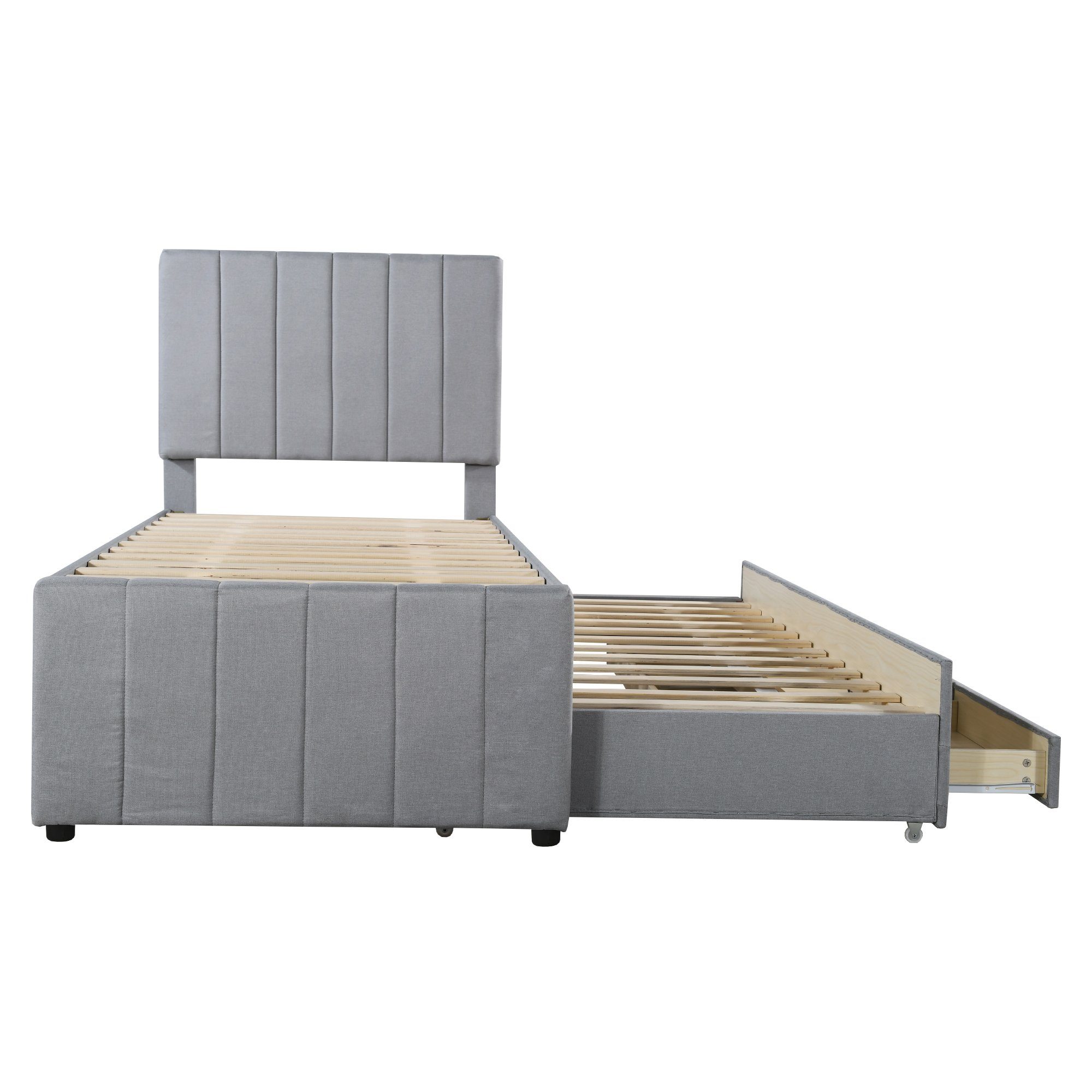 Polsterbett (Einzelbett 90x200cm), mit 3 Schubladen und Ausziehbett 90x190cm, Bezug aus Baumwolle-Leinen