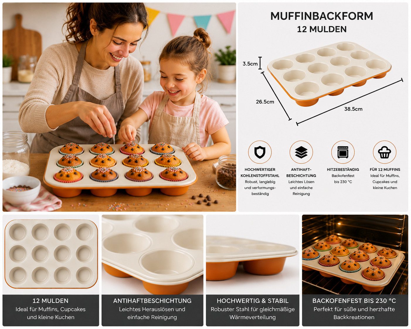Dr. Oetker Küchenhelfer Backform Dr. Oetker Muffinform 12 Stück Die Maus, eckige Backform Orange 2934