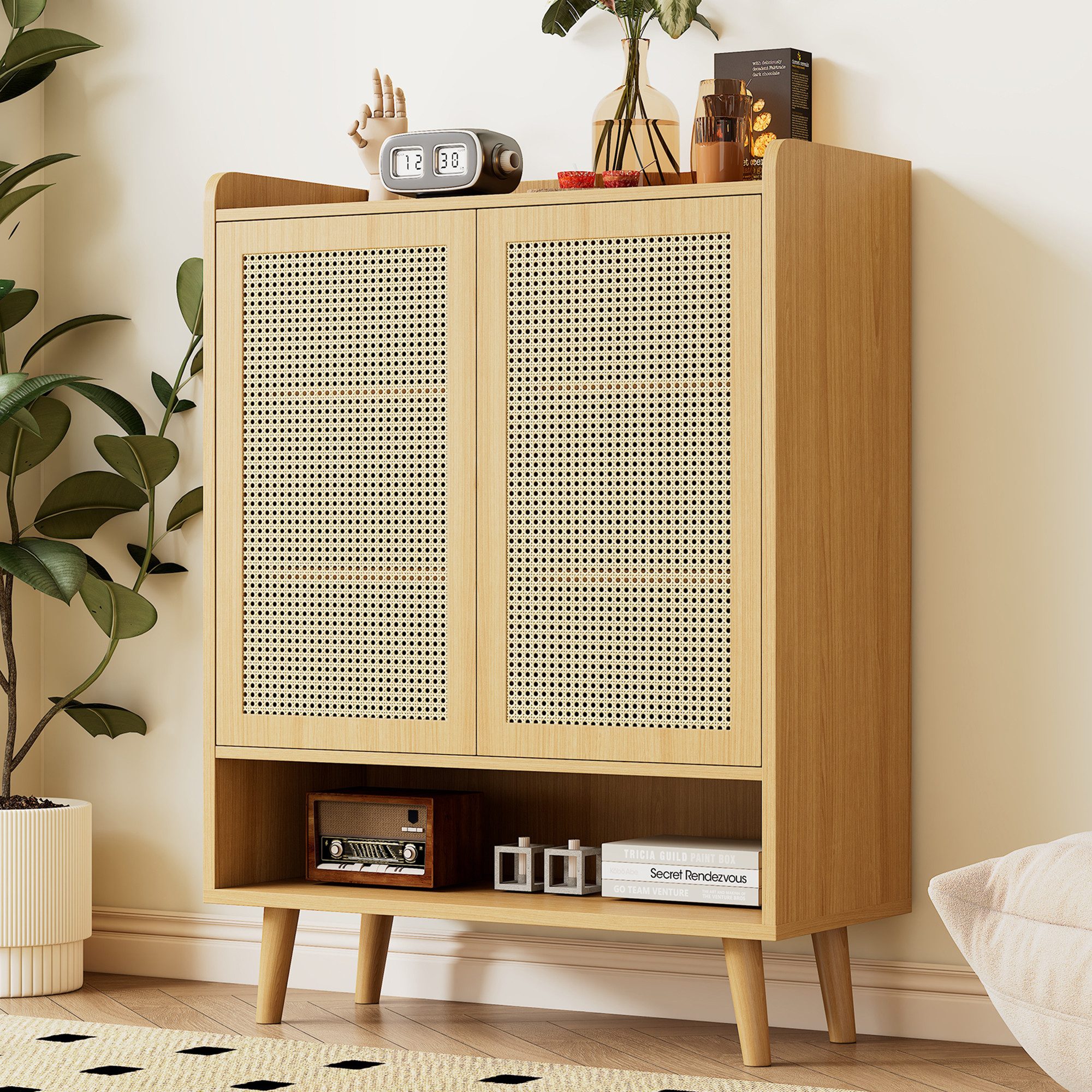Merax Sideboard mit Rattantüren, Highboard,Kommode,Anrichte Landhaus,Höhe:105,2cm