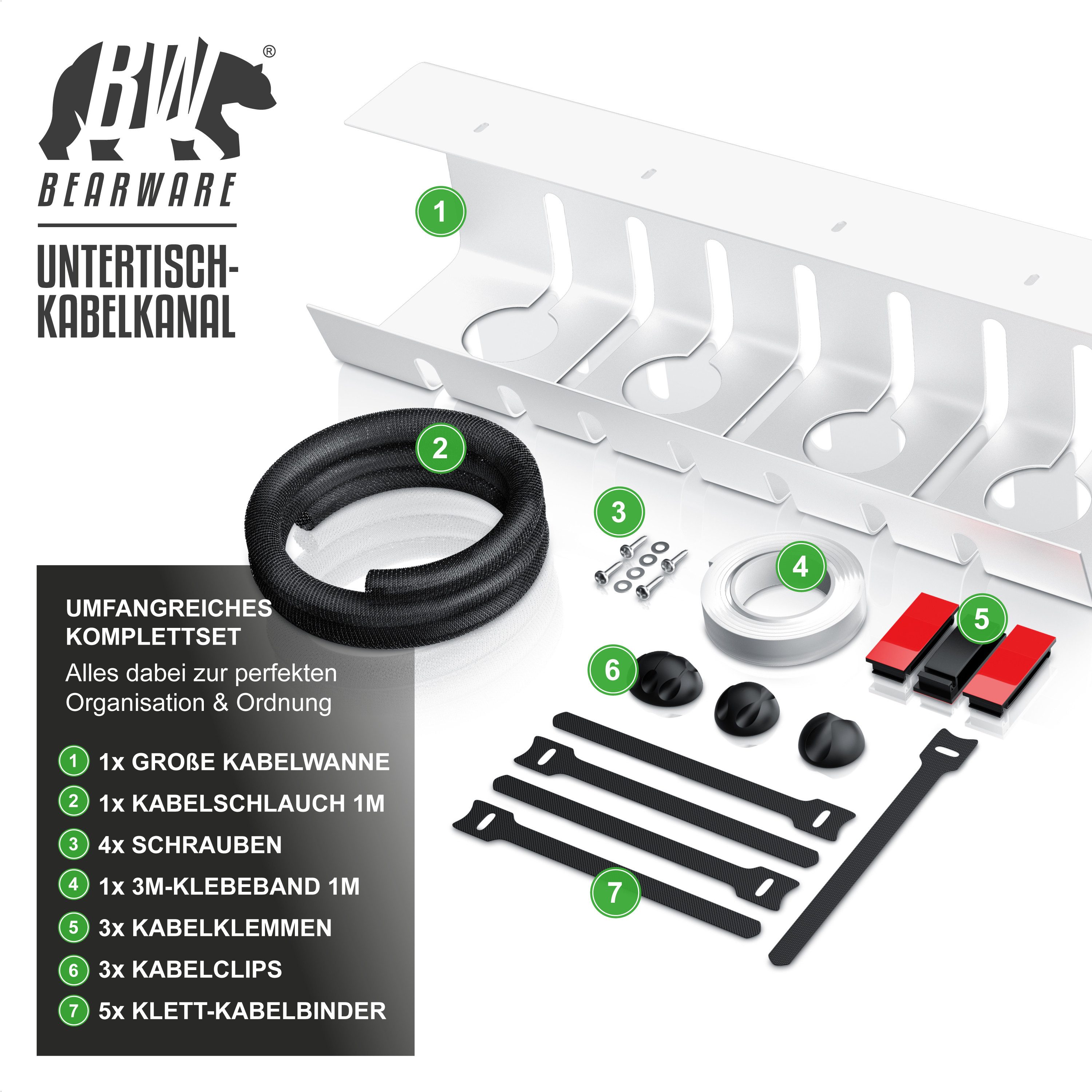 BEARWARE Kabelkanal für Schreibtisch, Untertisch Kabelhalter, Kabelmanagement ohne Bohren (Set), Edelstahl Kabelführung für Zuhause, Büro & Office, Kabelorganisation