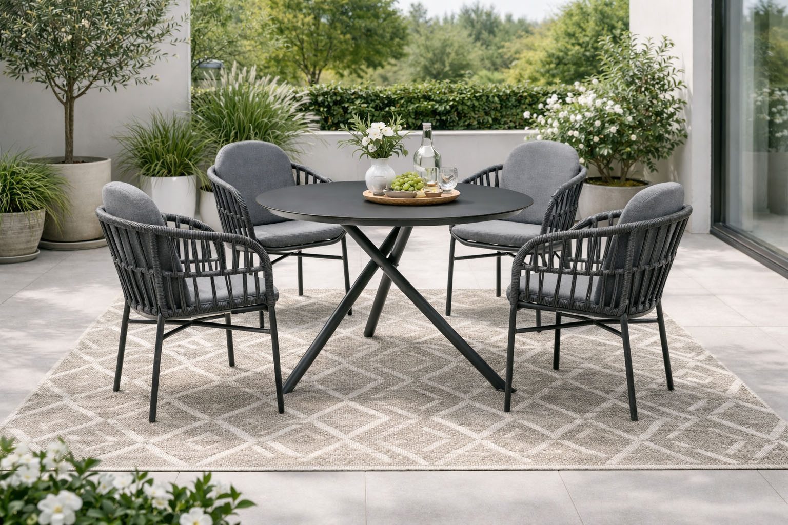 Destiny Garten-Essgruppe COMO BARLETTA 4 Se + Tisch Ø110cm grau/anthrazit, (Set, 4 Stapelsessel inkl. Polster, 1 Tisch), Aluminium, Rope, HPL
