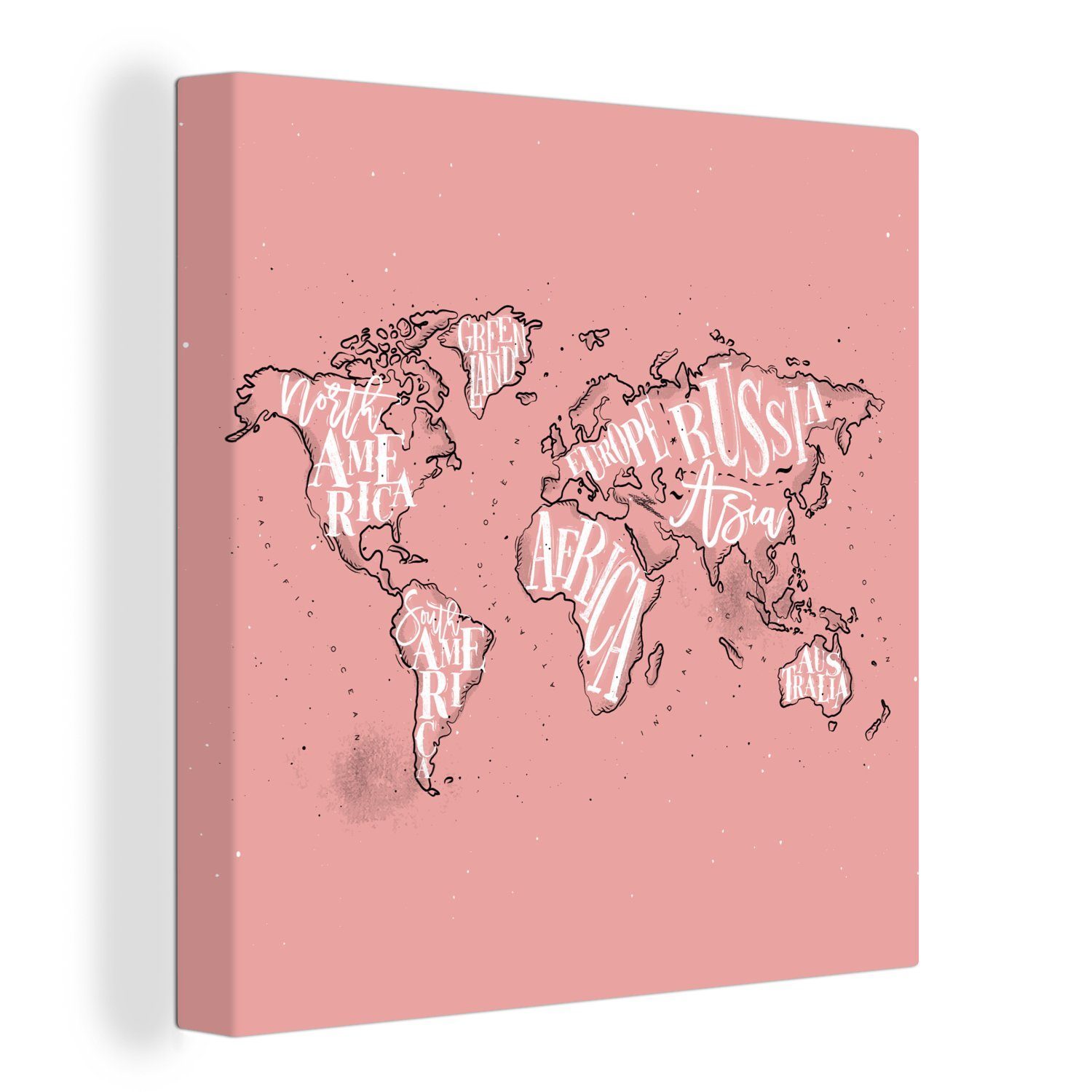 OneMillionCanvasses® Leinwandbild Weltkarte - Rosa - Weiß - Buchstaben, (1 St), Leinwand Bilder für Wohnzimmer Schlafzimmer